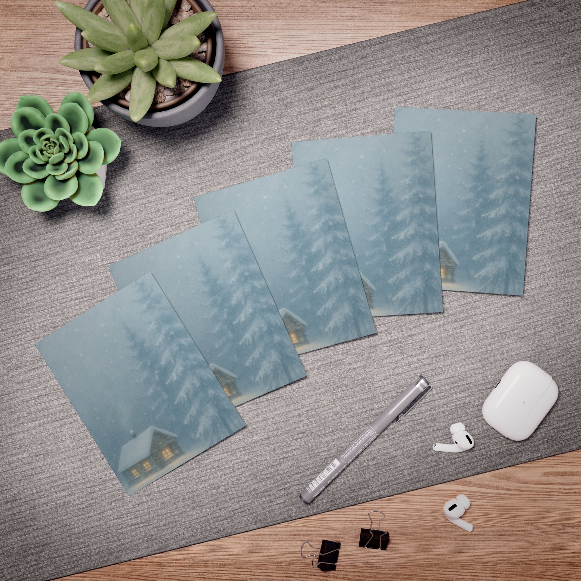 Winter Cabin Snow Scene Note Cards – Series of 3 Designs with Matching Wrapping Paper