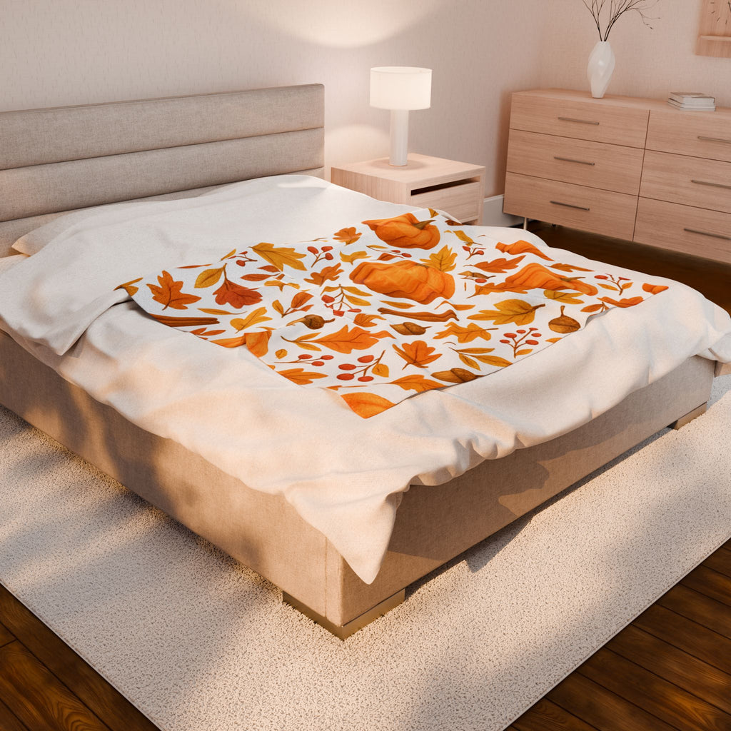 Cozy Velveteen Plush Blanket – Pumpkin & Autumn Leaves Fall Throw