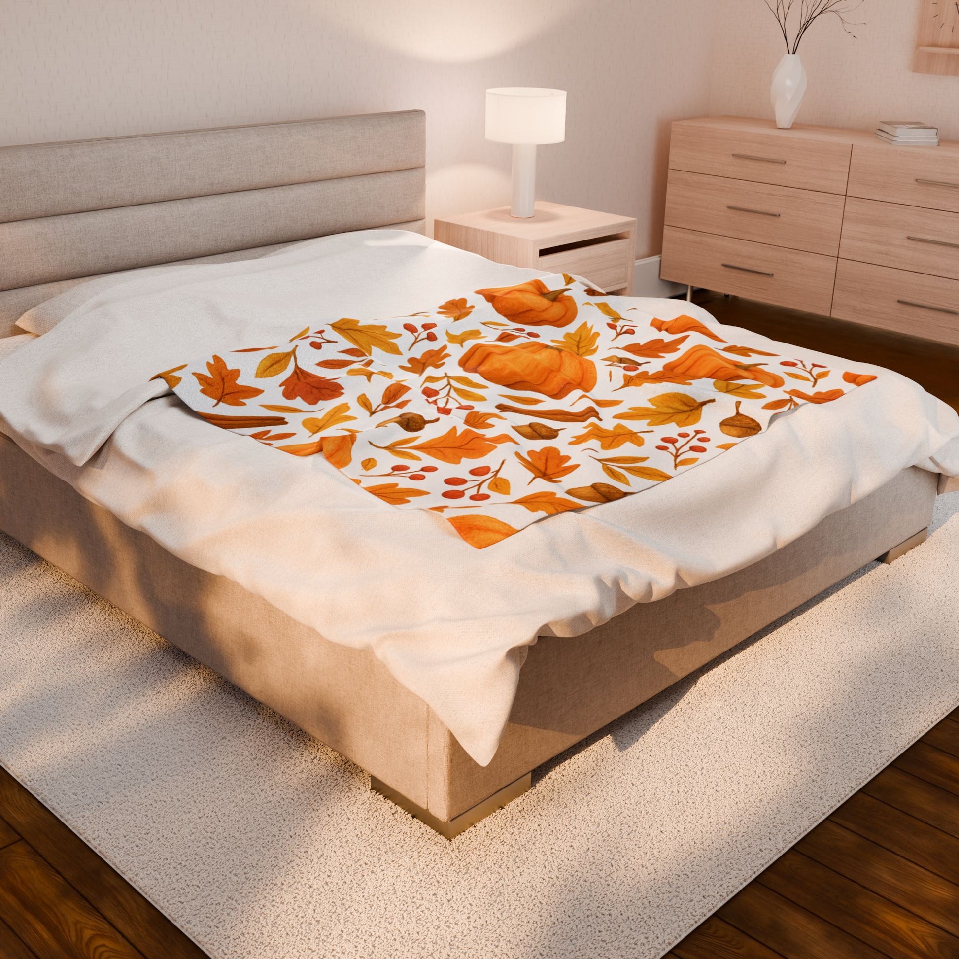 Cozy Velveteen Plush Blanket – Pumpkin & Autumn Leaves Fall Throw