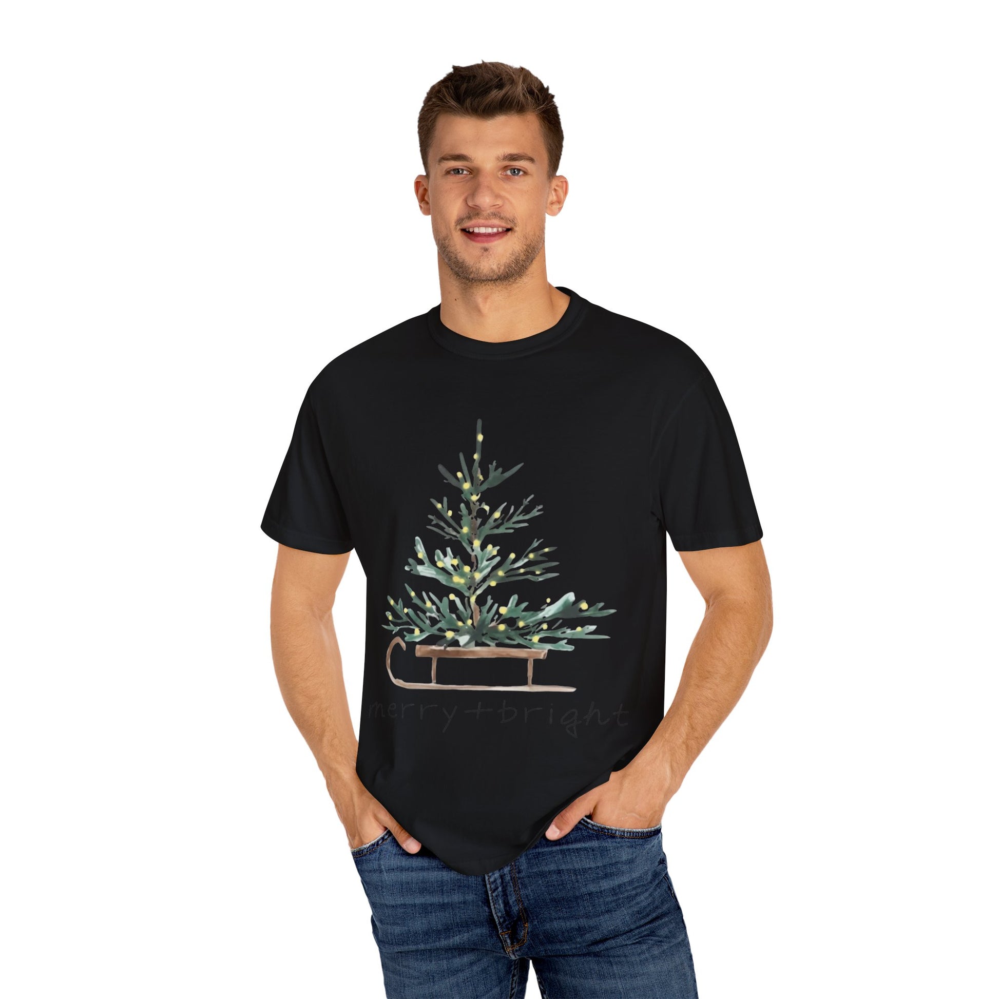 Whispers of Winter – Merry + Bright Christmas Tree T-Shirt SHORT SLEEVE | Elegant Minimal Holiday Apparel by Paper Pleasures
