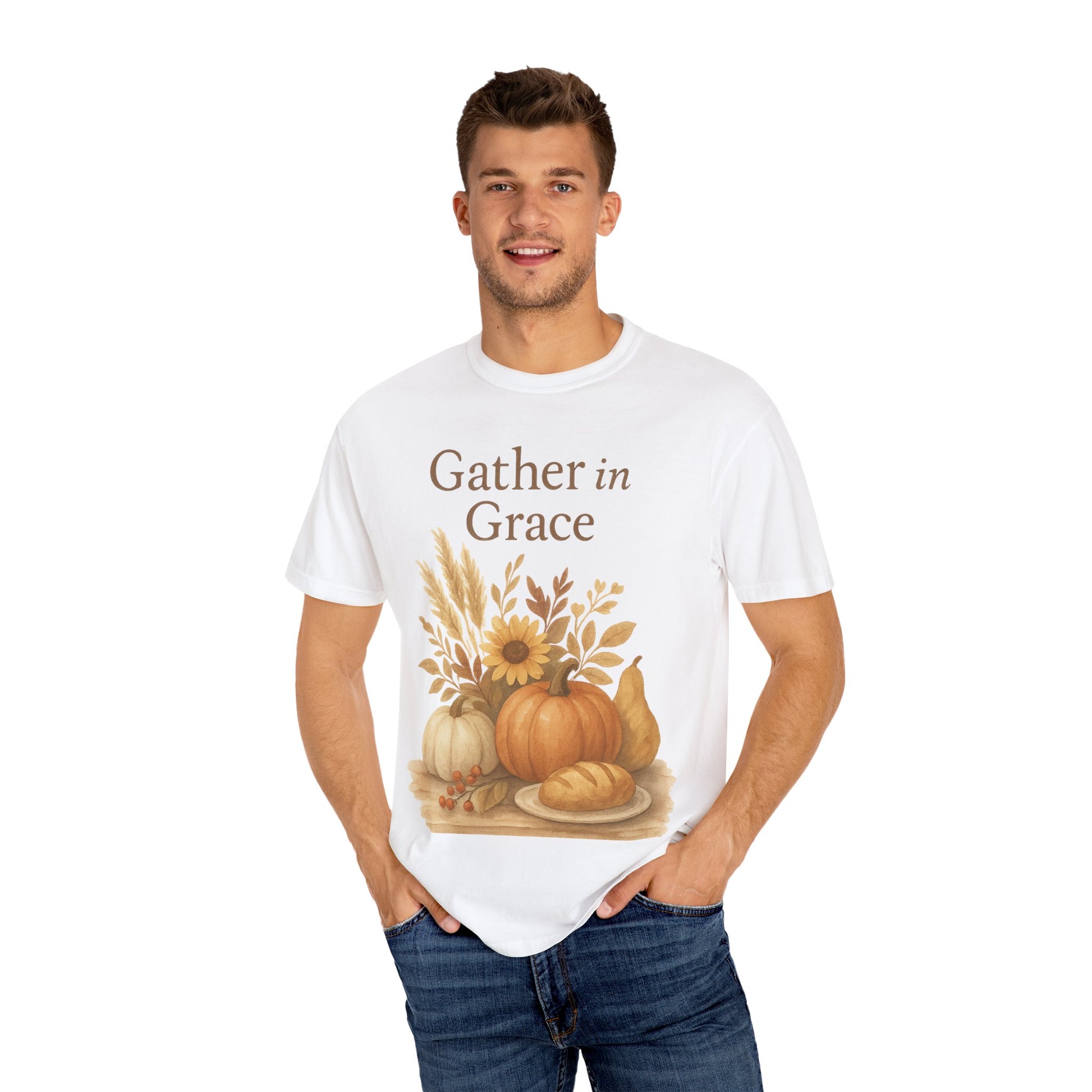 Gather in Grace Thanksgiving Shirt | Rustic Fall Pumpkin & Harvest T-Shirt | Autumn Watercolor Apparel