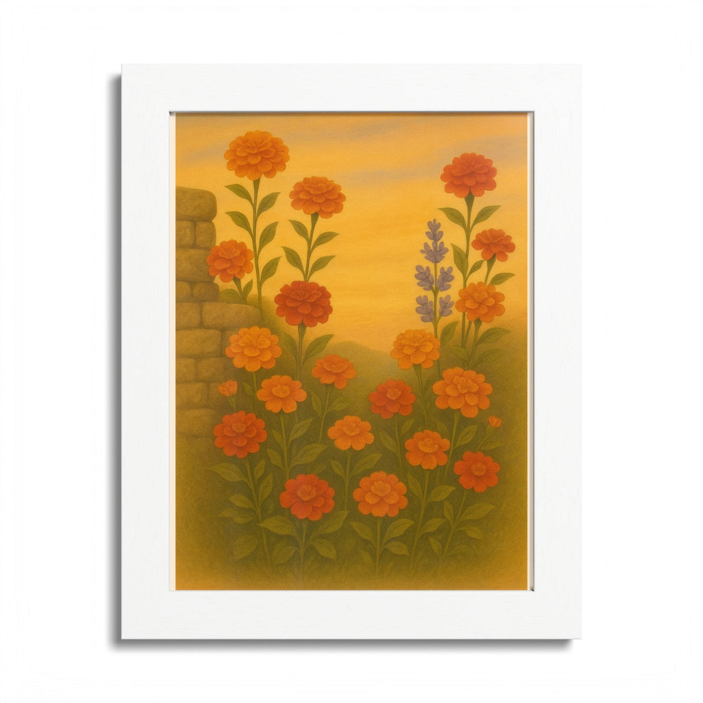 Golden Marigold Garden Framed Sunset Floral Wall Decor