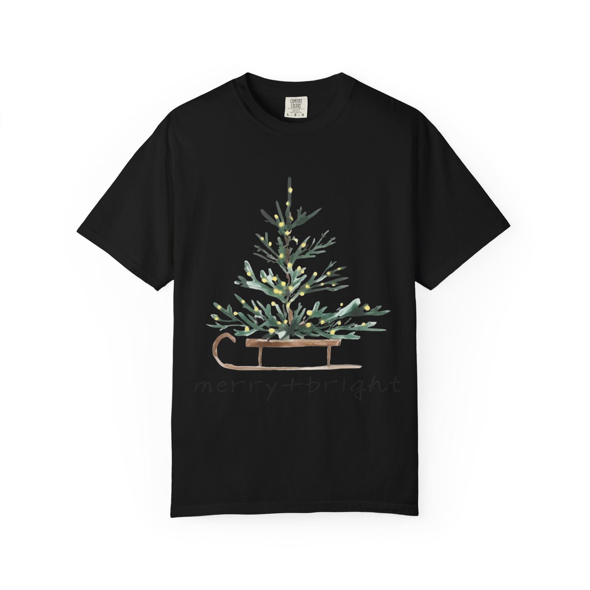 Whispers of Winter – Merry + Bright Christmas Tree T-Shirt SHORT SLEEVE | Elegant Minimal Holiday Apparel by Paper Pleasures