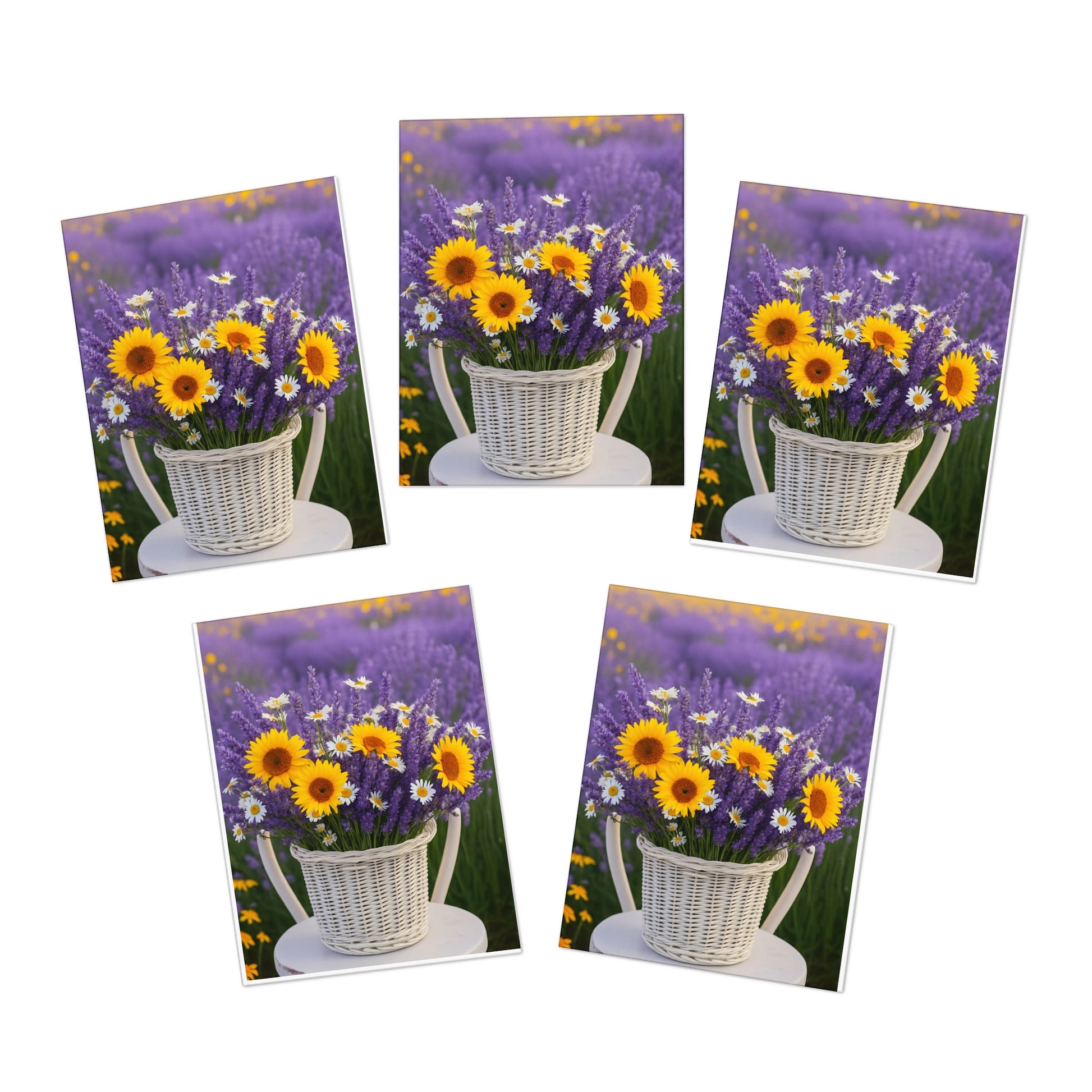Lavender Field Flower Basket Note Card – Sunflowers, Lavender & Daisies – Peaceful Summer Floral Greeting Card – Paper Pleasures