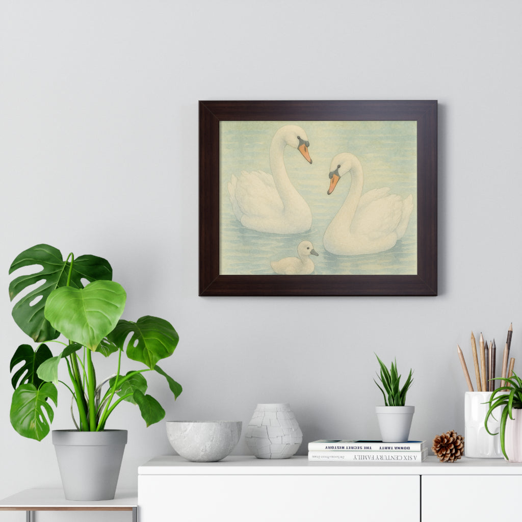 "Swan Family Serenity" – Vintage Framed 14x11 Poster