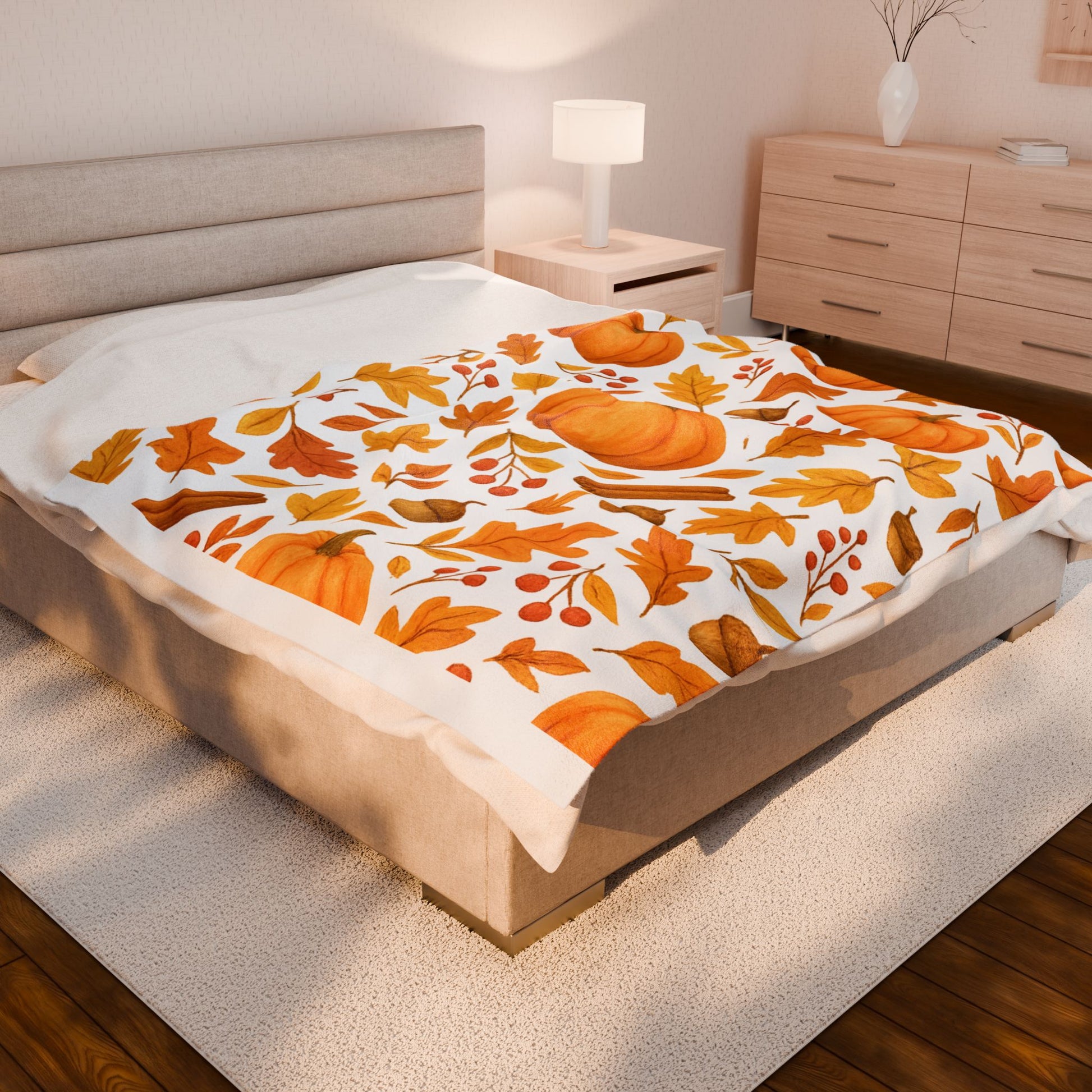 Cozy Velveteen Plush Blanket – Pumpkin & Autumn Leaves Fall Throw