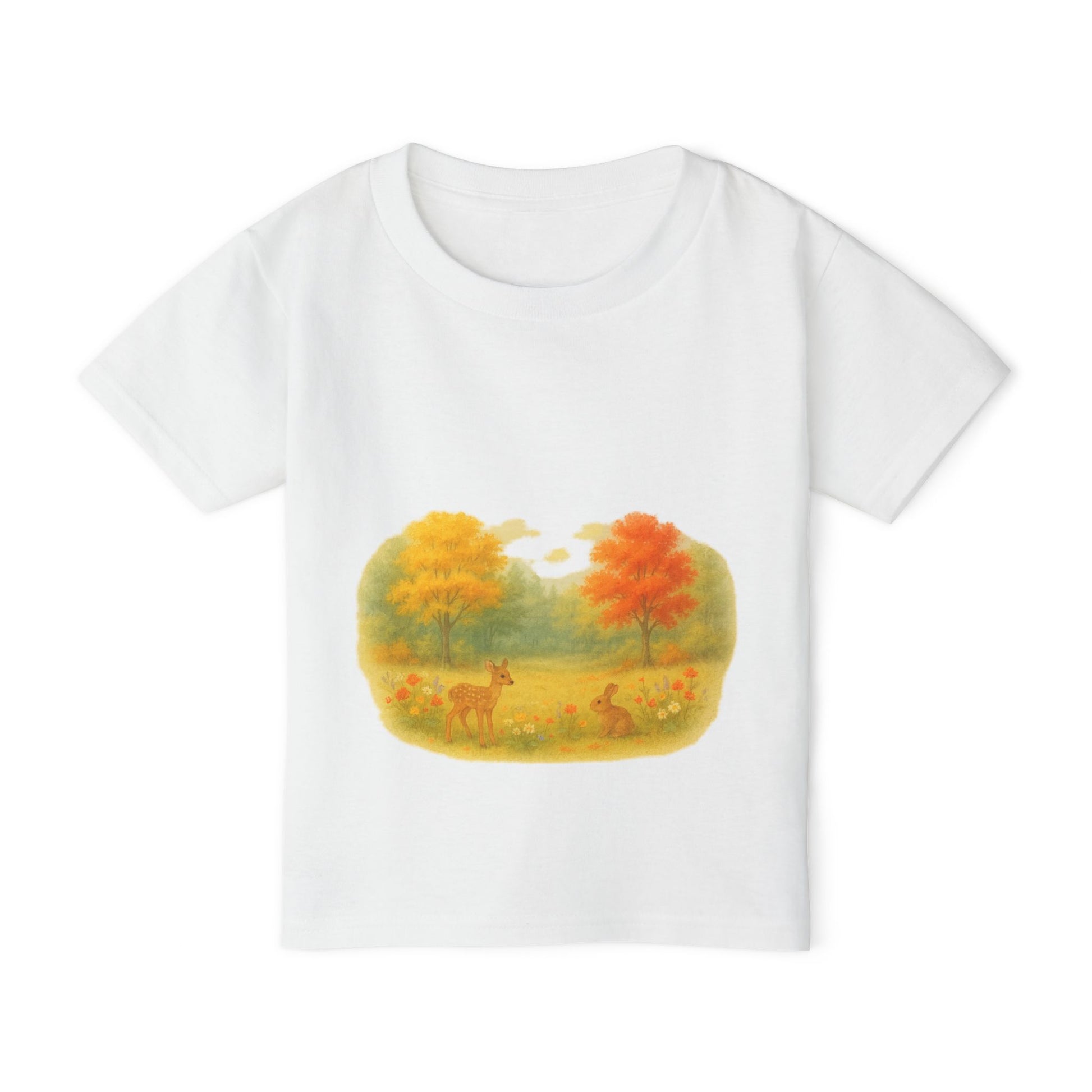 White t-shirt with a nature-themed graphic of trees and animals on a white background