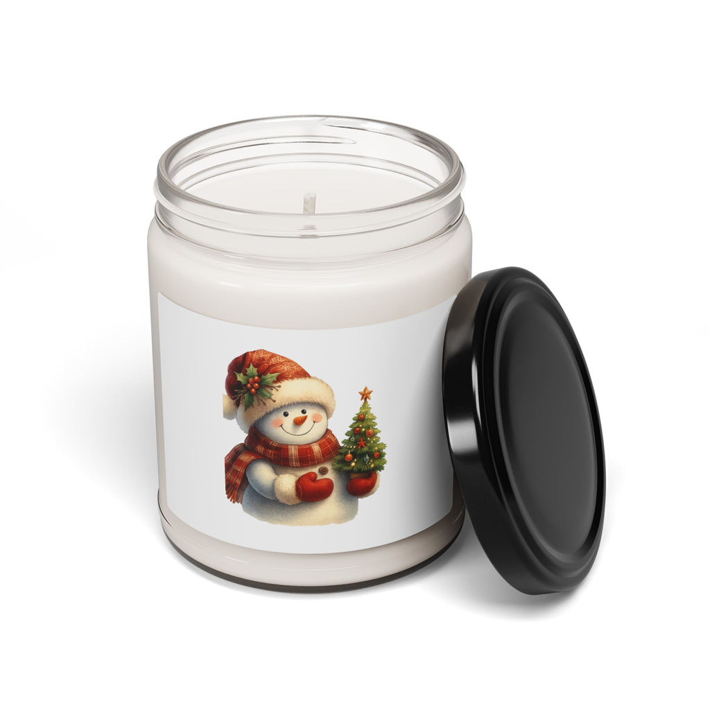 Christmas Snowman Soy Candle — 9oz Scented Holiday Jar - Jolly Snowfolk Snowman With Christmas Tree – Festive Winter Holiday Design by Paper Pleasures – Illustrated by Trailside Designs