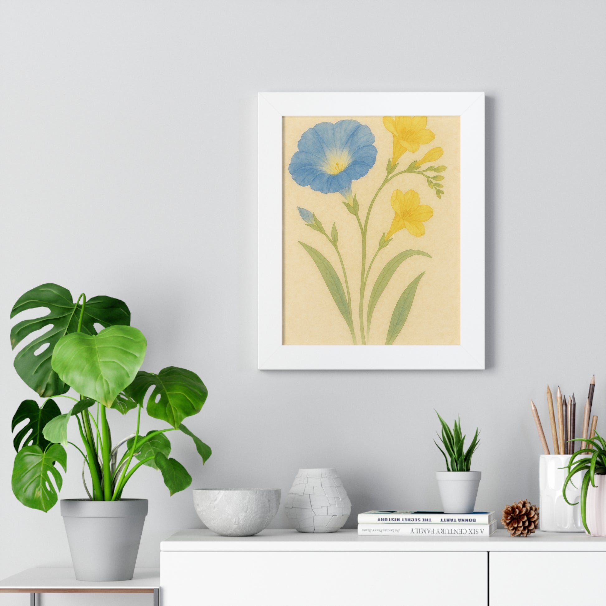 "Morning Glories &amp; Yellow Lilies" – Framed Botanical Watercolor Print, Exclusive Botanical Series