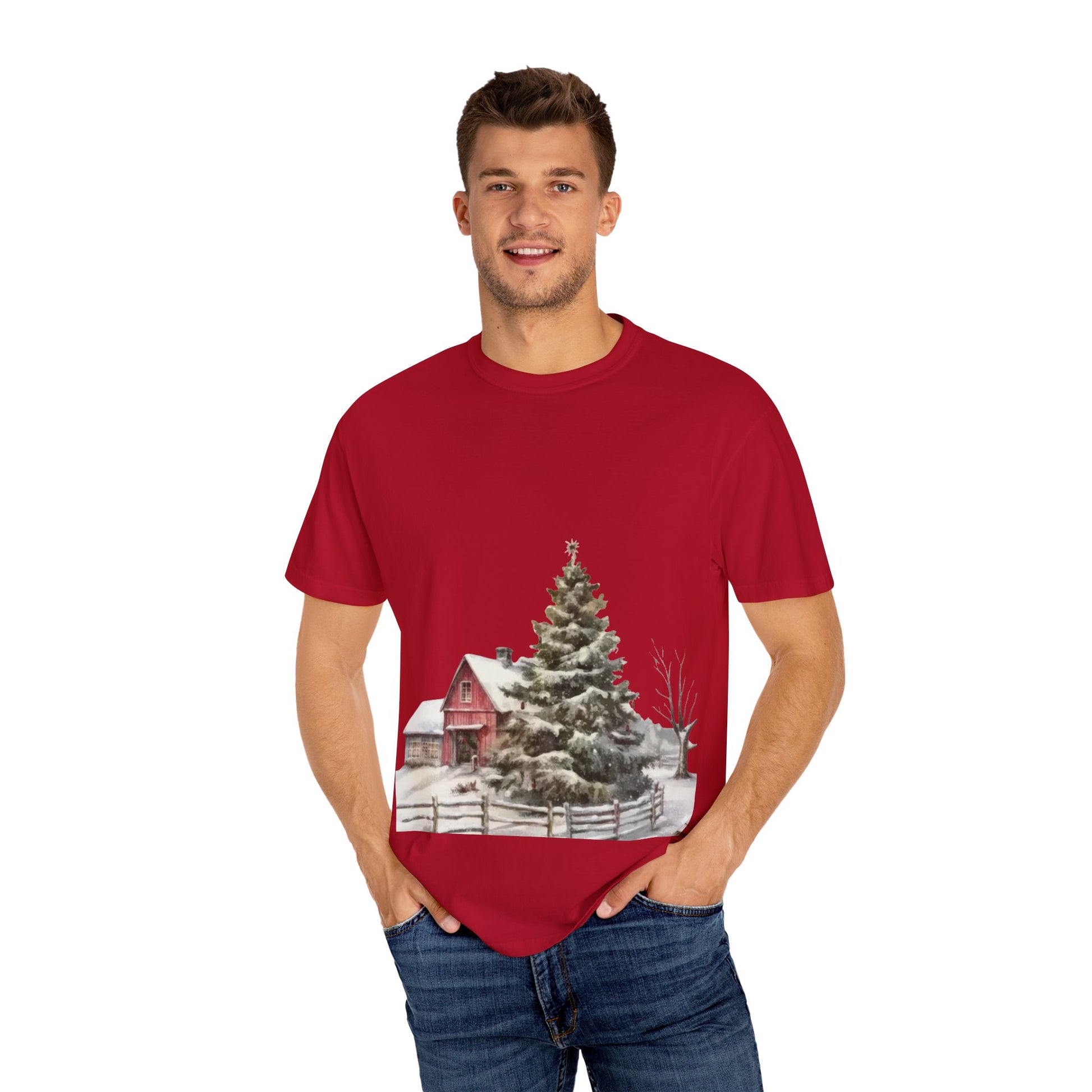 Whispers of Winter – Christmas Barn T-Shirt SHORT SLEEVE | Rustic Holiday Scene by Paper Pleasures