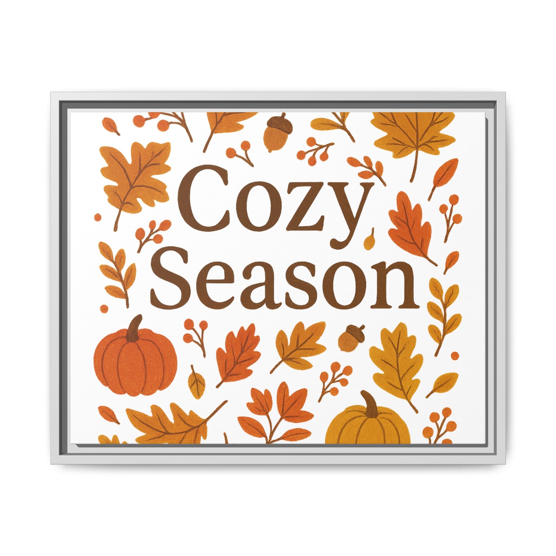 Framed Autumn Wall Art with Elegant Serif & Leaf Motifs – Cozy Season Typography Quote Print
