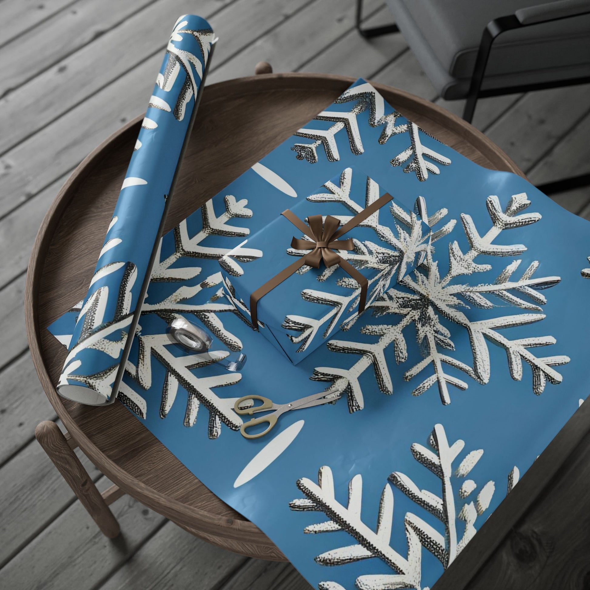 Silver Snowflake Wrapping Paper – Elegant Holiday Gift Wrap on Winter Blue Background
