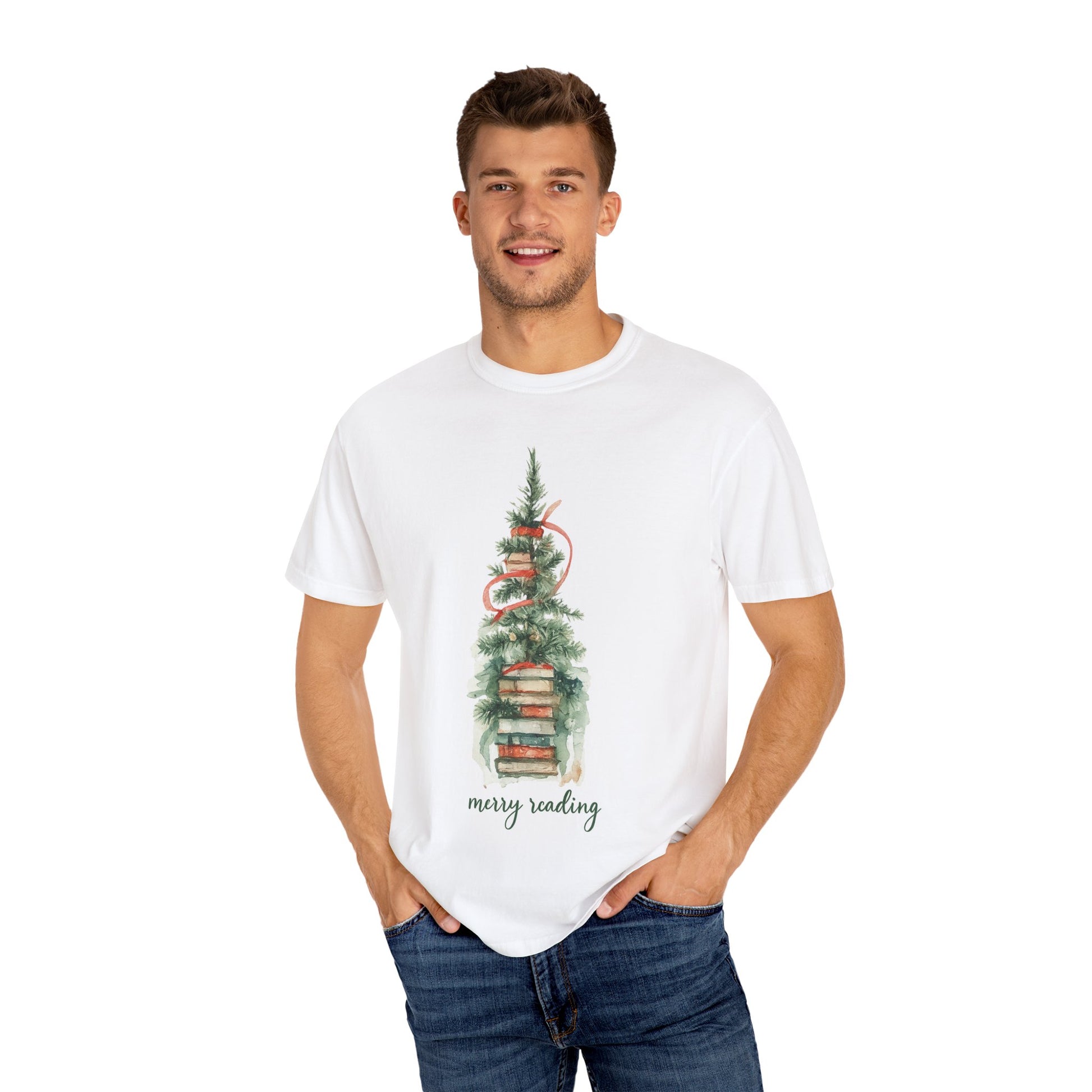 T-Shirt — "Merry Reading" Christmas Tree Stack of Books Holiday Tee