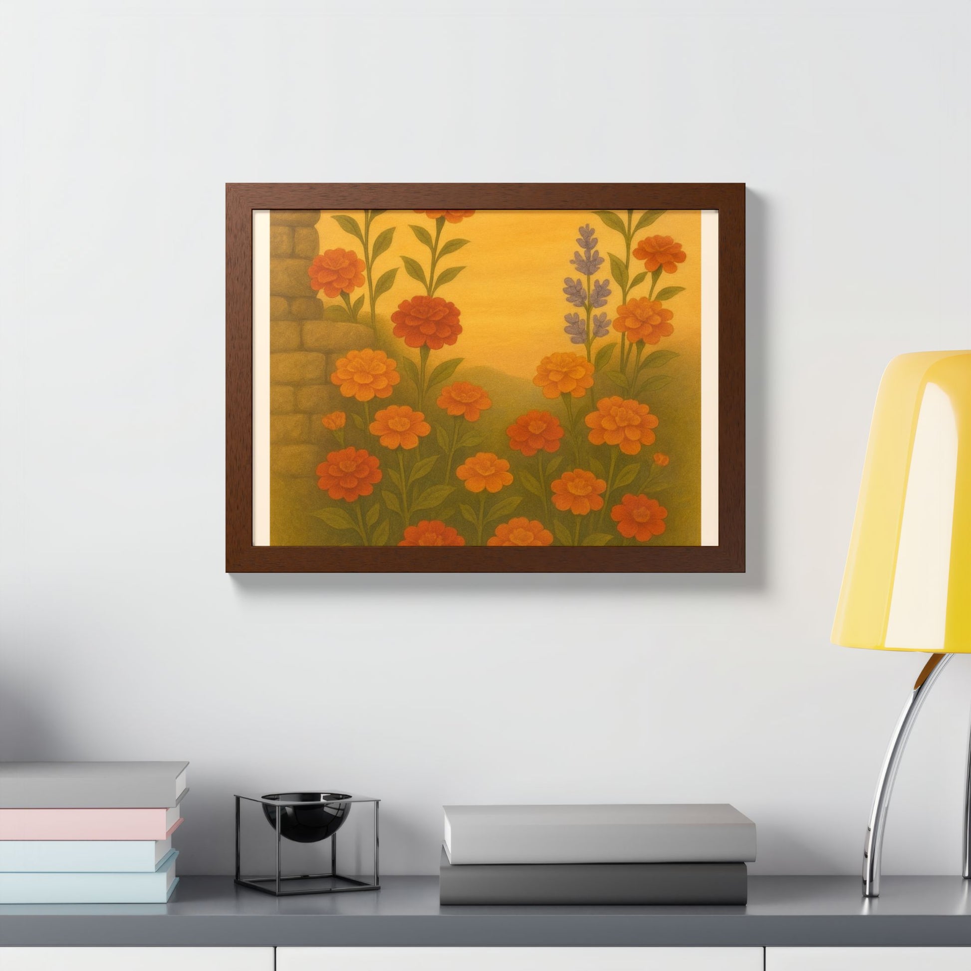Golden Marigold Garden Framed Sunset Floral Wall Decor