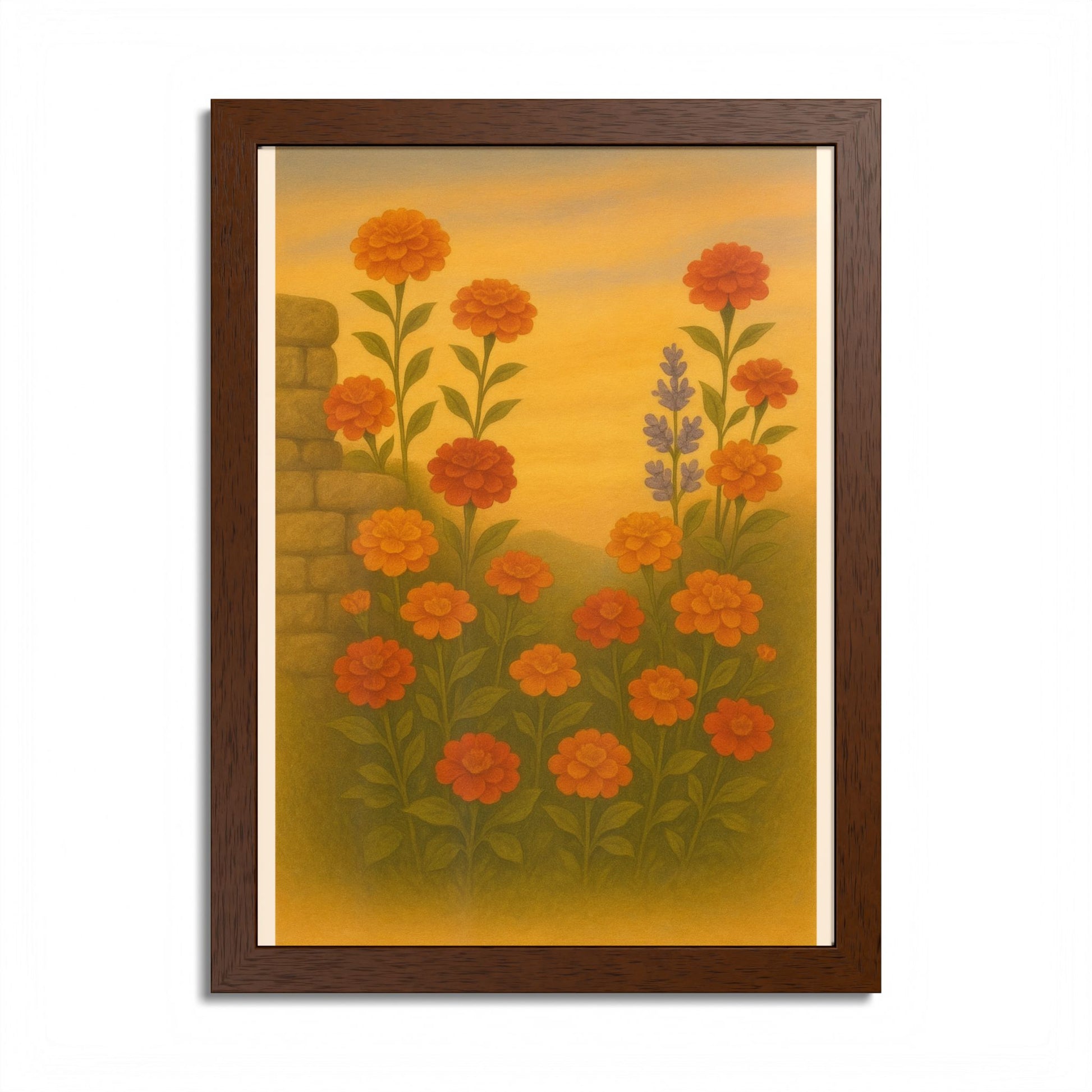 Golden Marigold Garden Framed Sunset Floral Wall Decor
