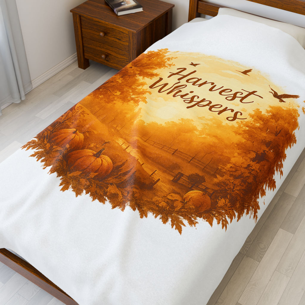 Harvest Whispers Thanksgiving Blanket – Autumn Velveteen Plush Throw – Fall Pumpkin Landscape Scene
