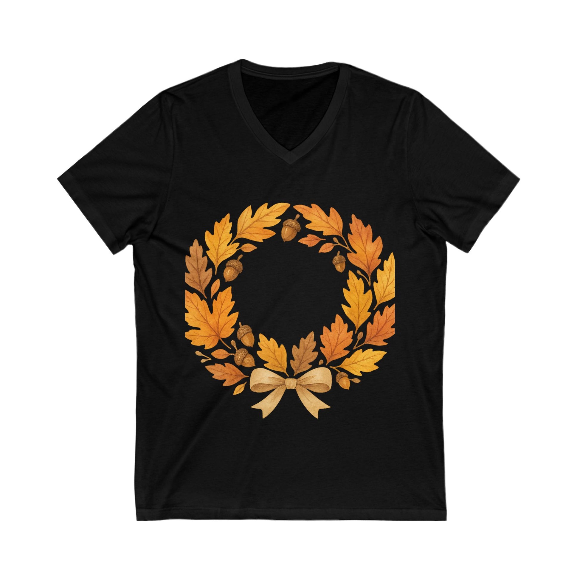 Black t-shirt with a wreath of autumn leaves and a bow on a white background