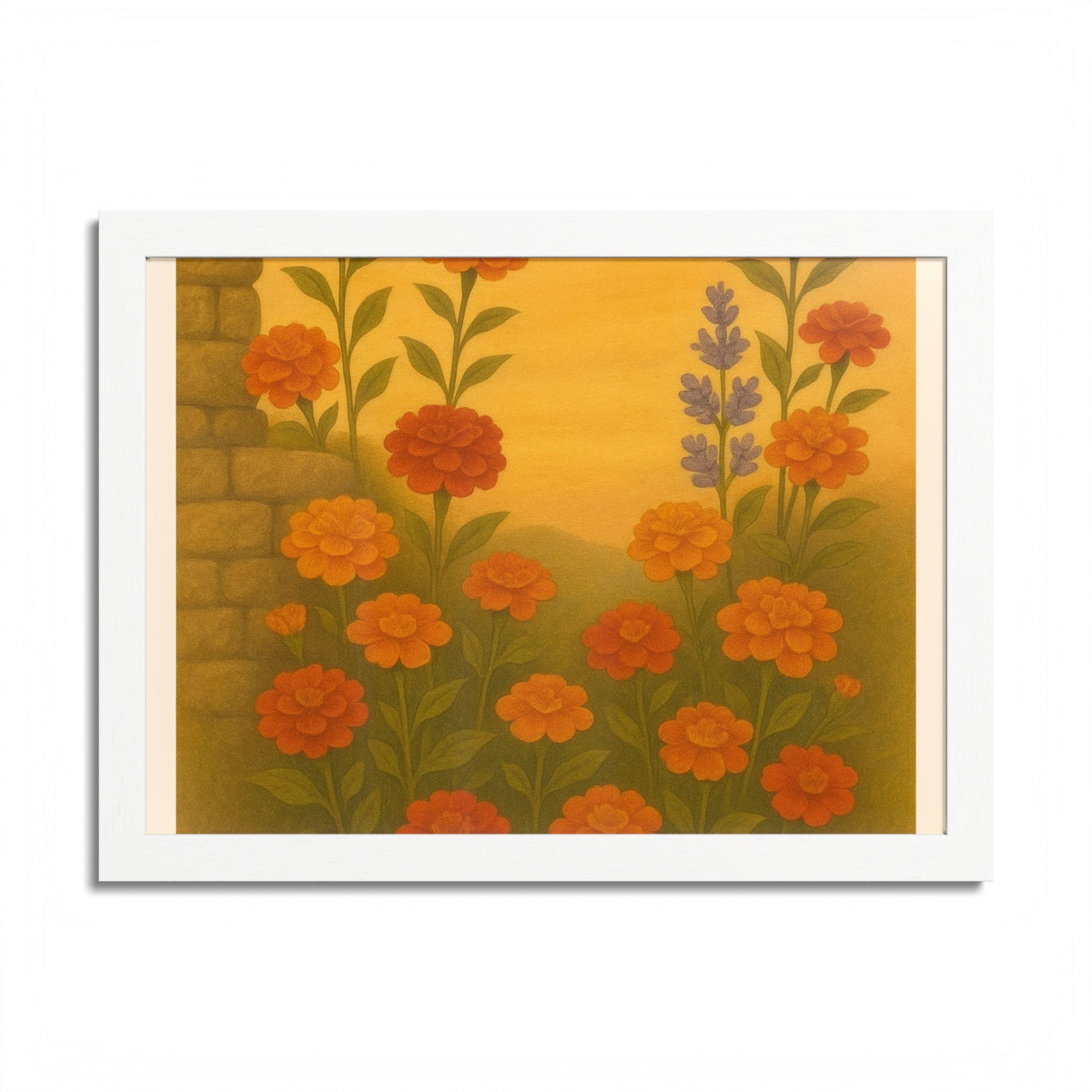 Golden Marigold Garden Framed Sunset Floral Wall Decor
