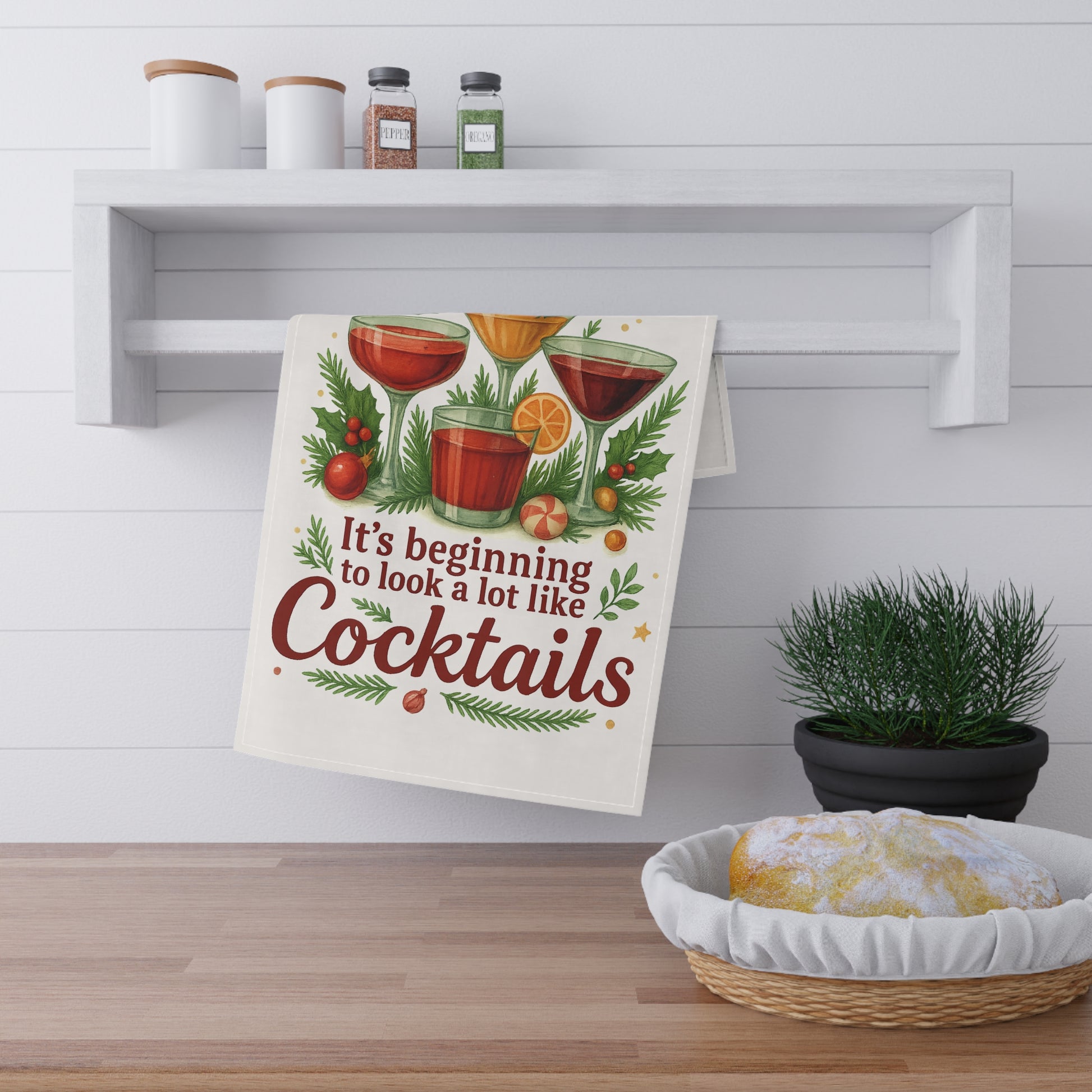Holiday Spirits Society Tea Towel – “It’s Beginning to Look a Lot Like Cocktails” – Christmas Bar Humor Kitchen Towel