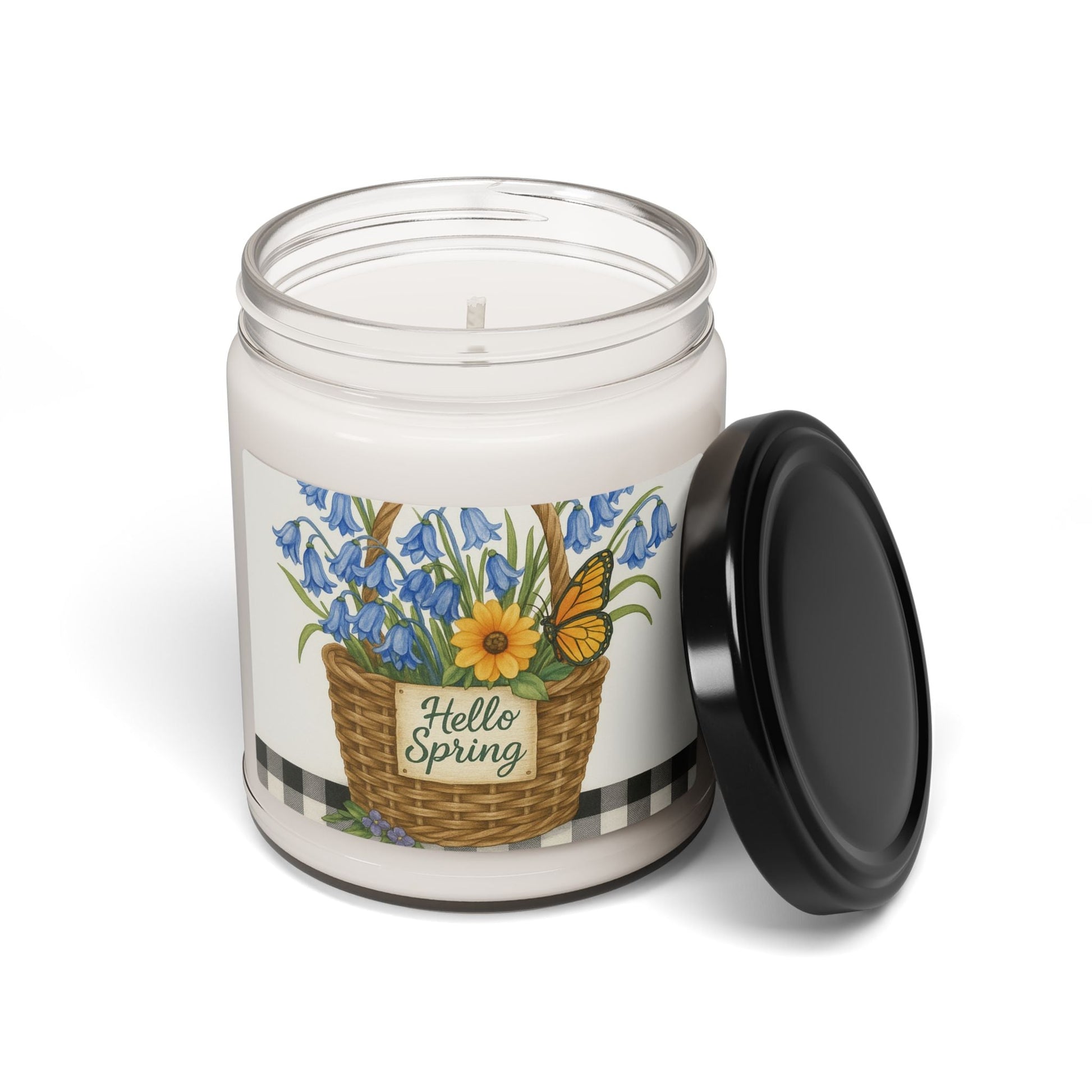 Hello Spring Floral Basket Soy Candle with Butterfly Art