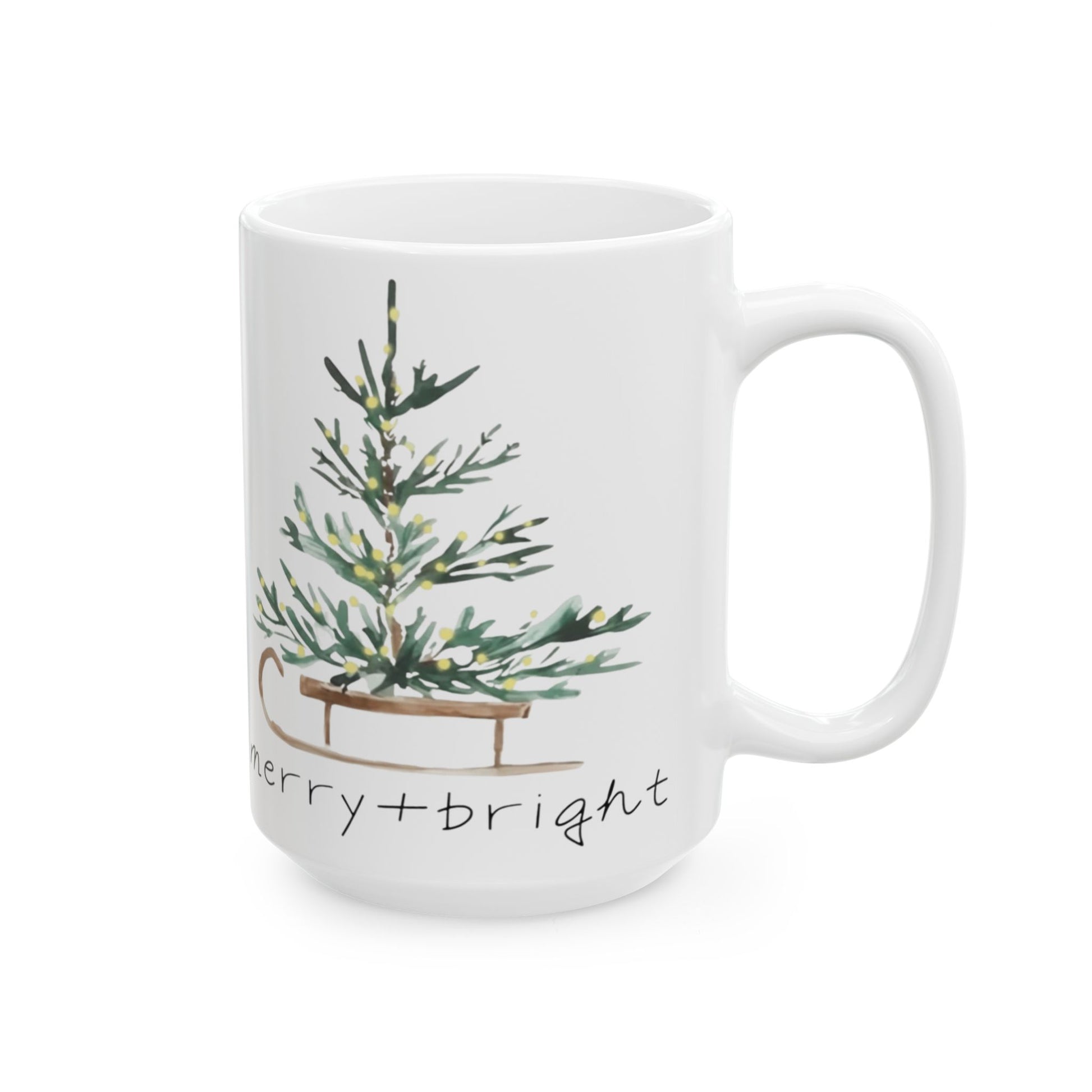 Whispers of Winter – Merry + Bright Christmas Tree Mug | Elegant Holiday Drinkware by Paper Pleasures