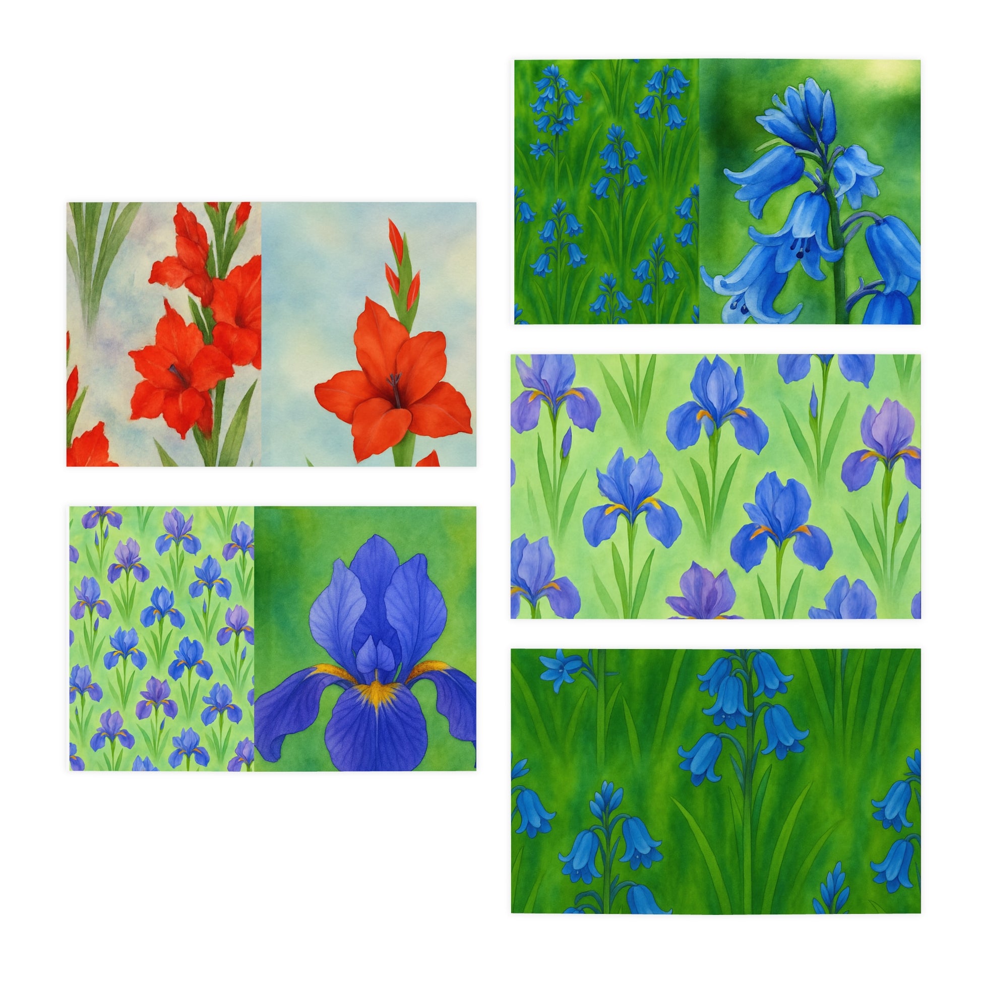 Watercolor Iris, Gladiolus & Bluebell Note Card Set – Botanical Art for Any Occasion