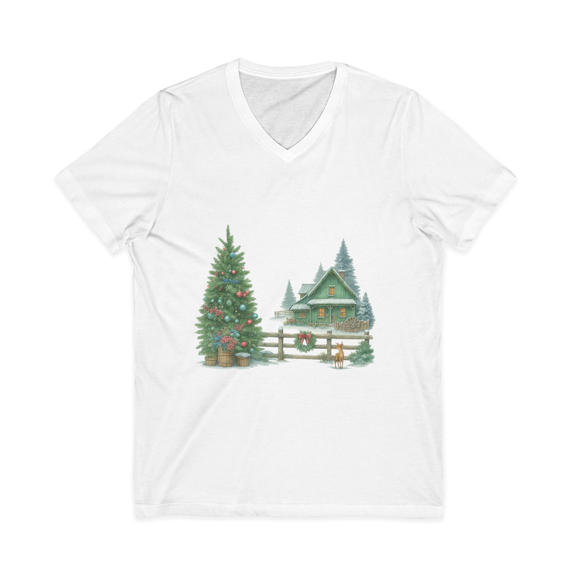 Cozy Christmas Cottage T-Shirt – Watercolor Winter Tree & Cabin Scene – Holiday Shirt for Women – Illustrated by Yvonne van der Kamp-Dulkis