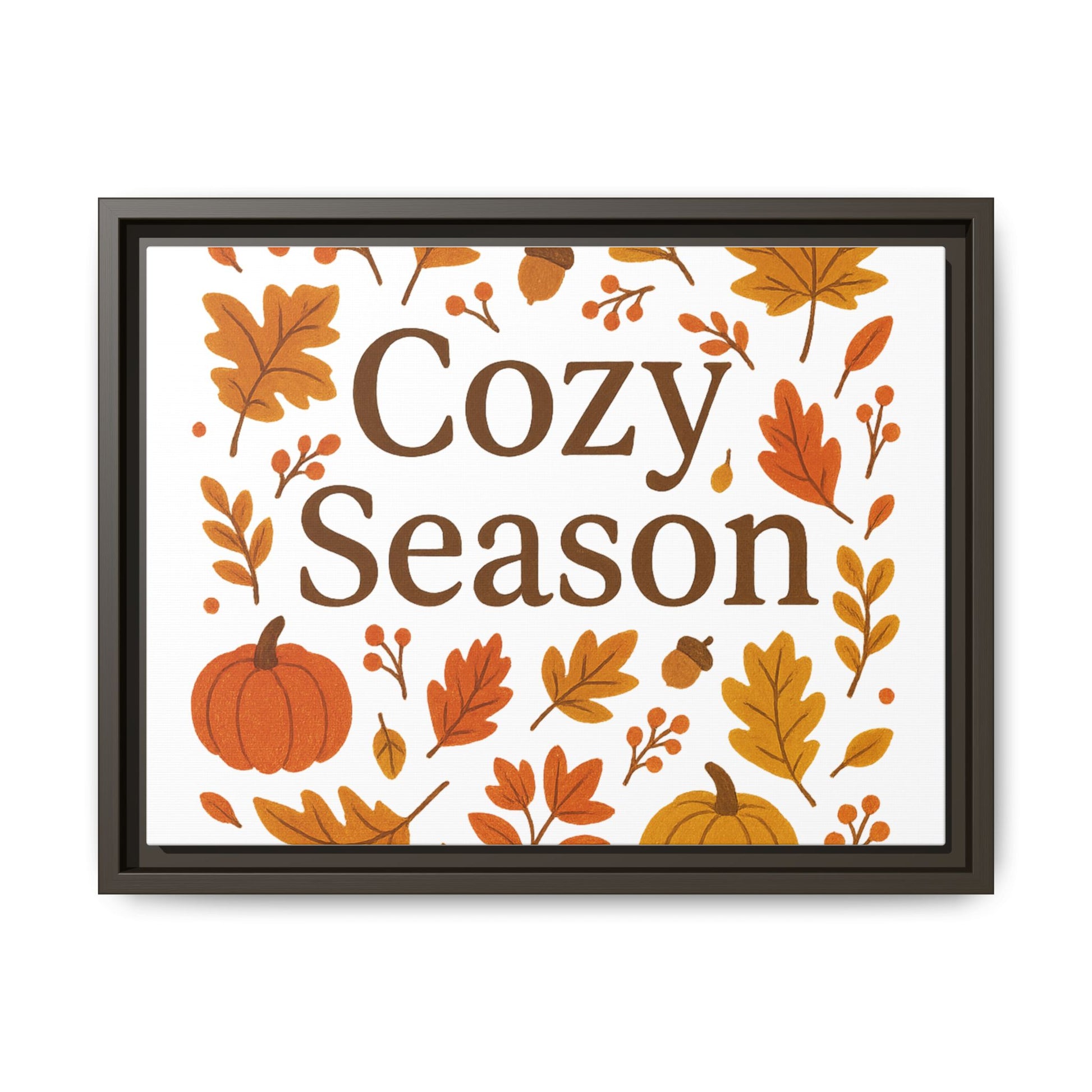 Framed Autumn Wall Art with Elegant Serif & Leaf Motifs – Cozy Season Typography Quote Print