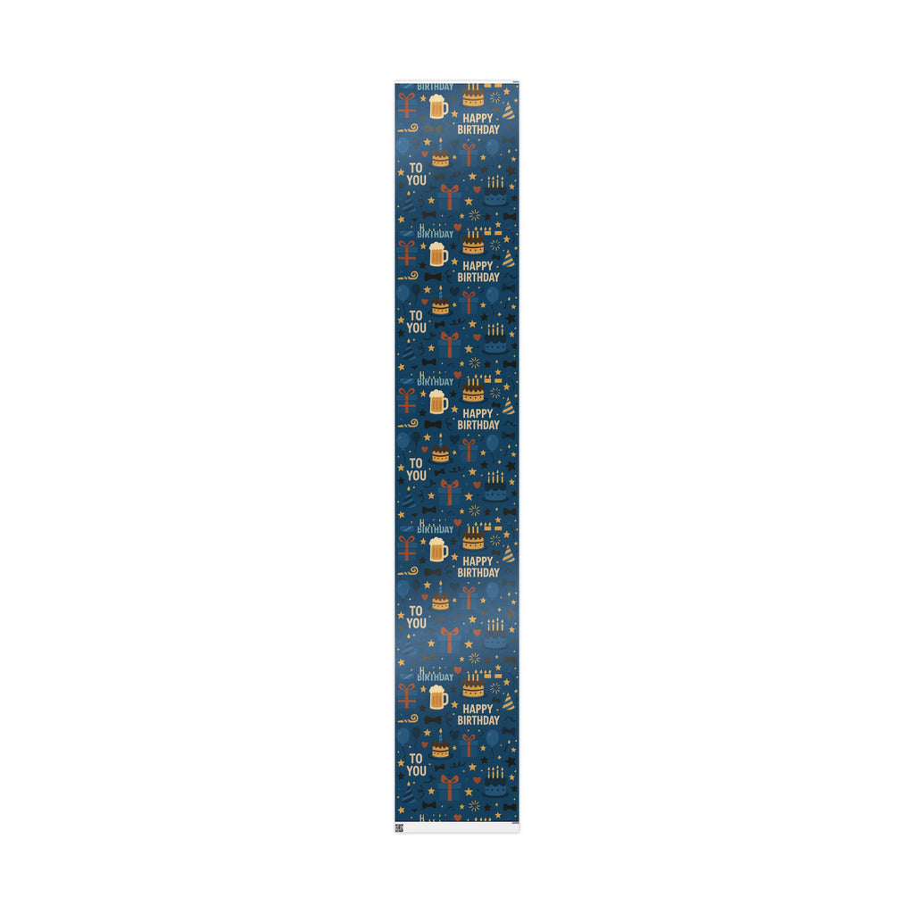 Happy Birthday Wrapping Paper – Navy Blue with Cakes, Gifts & Party Icons