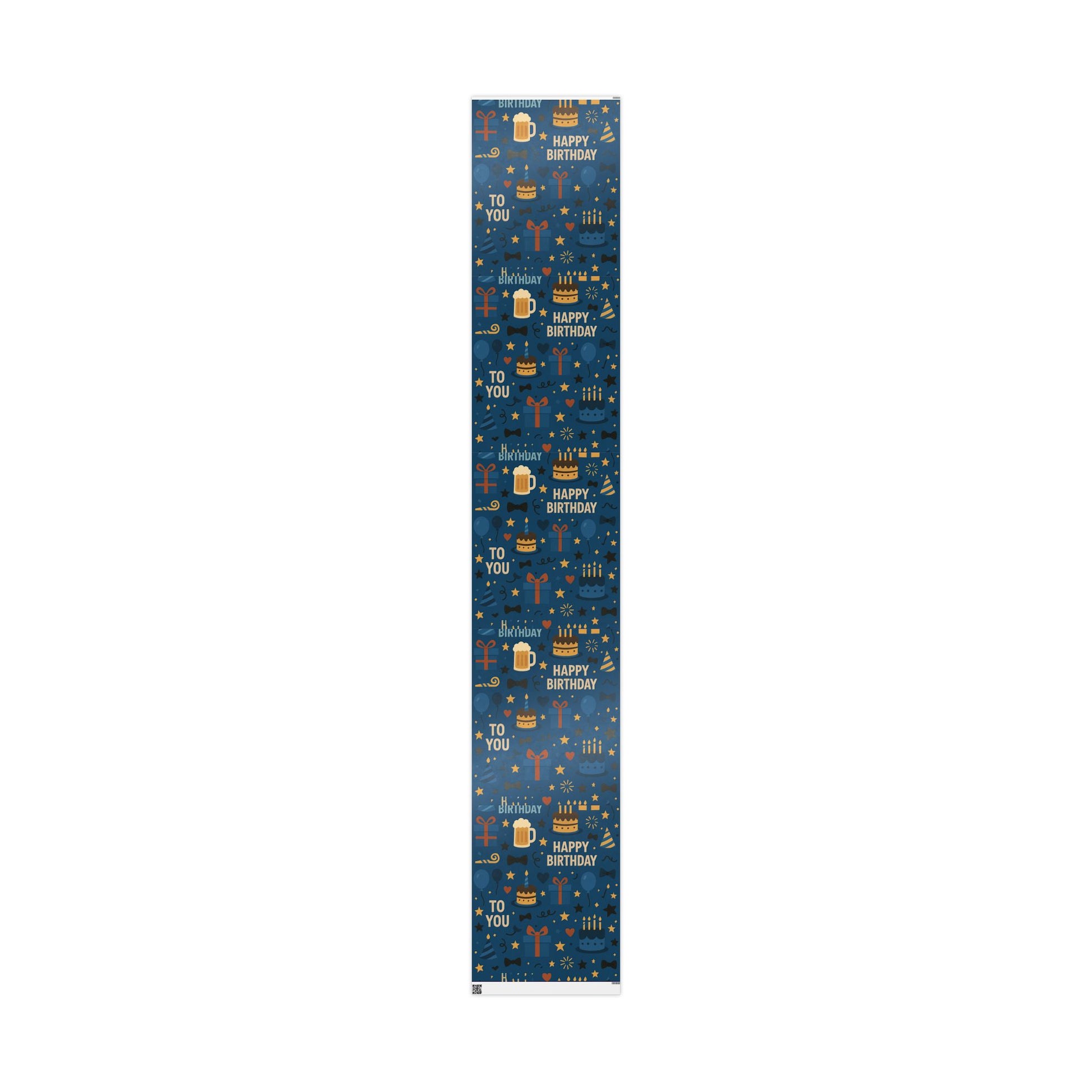 Happy Birthday Wrapping Paper – Navy Blue with Cakes, Gifts & Party Icons