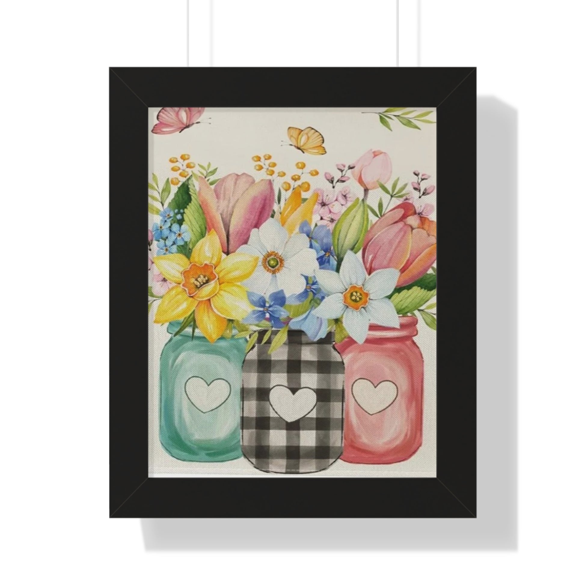 Spring Mason Jar Flower Print – Framed Farmhouse Wall Art with Daffodils & Tulips