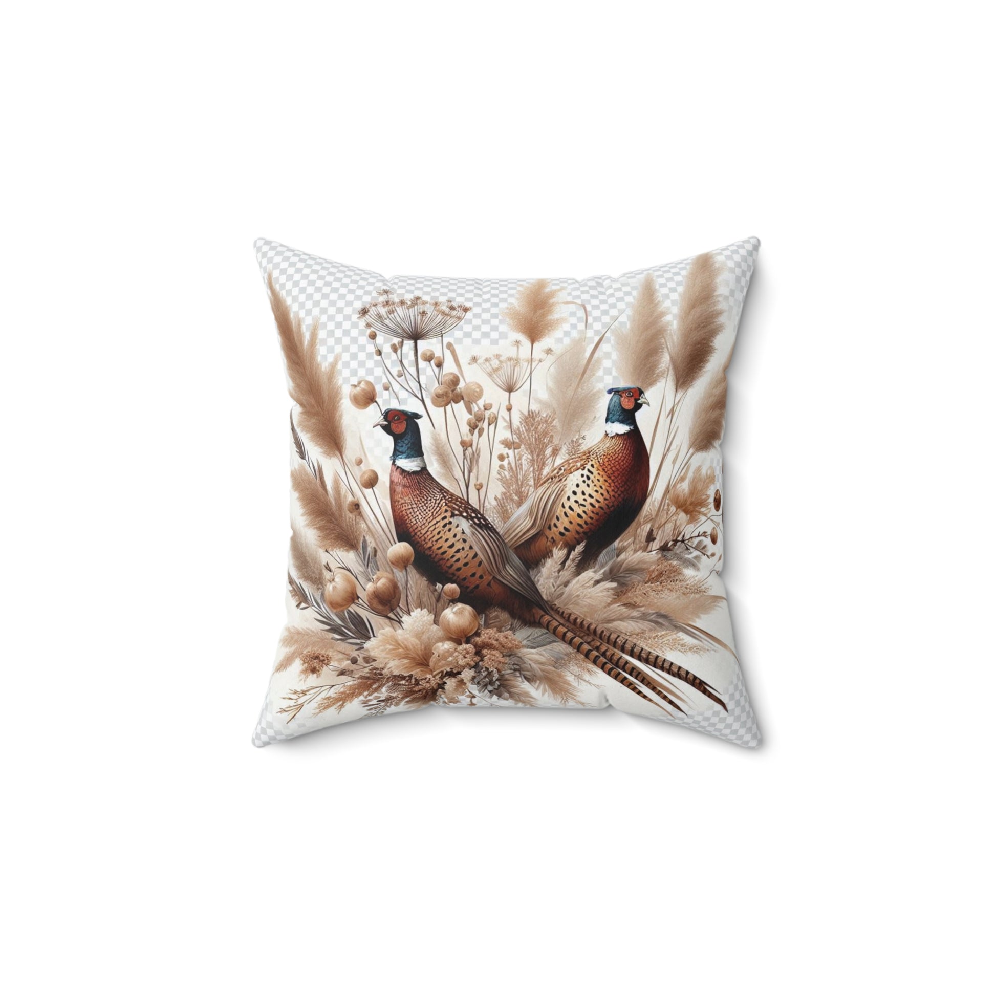 Fall Pheasants Pillow surrounded by pampas grass– Autumn Wildlife Cushion #2 of 3
