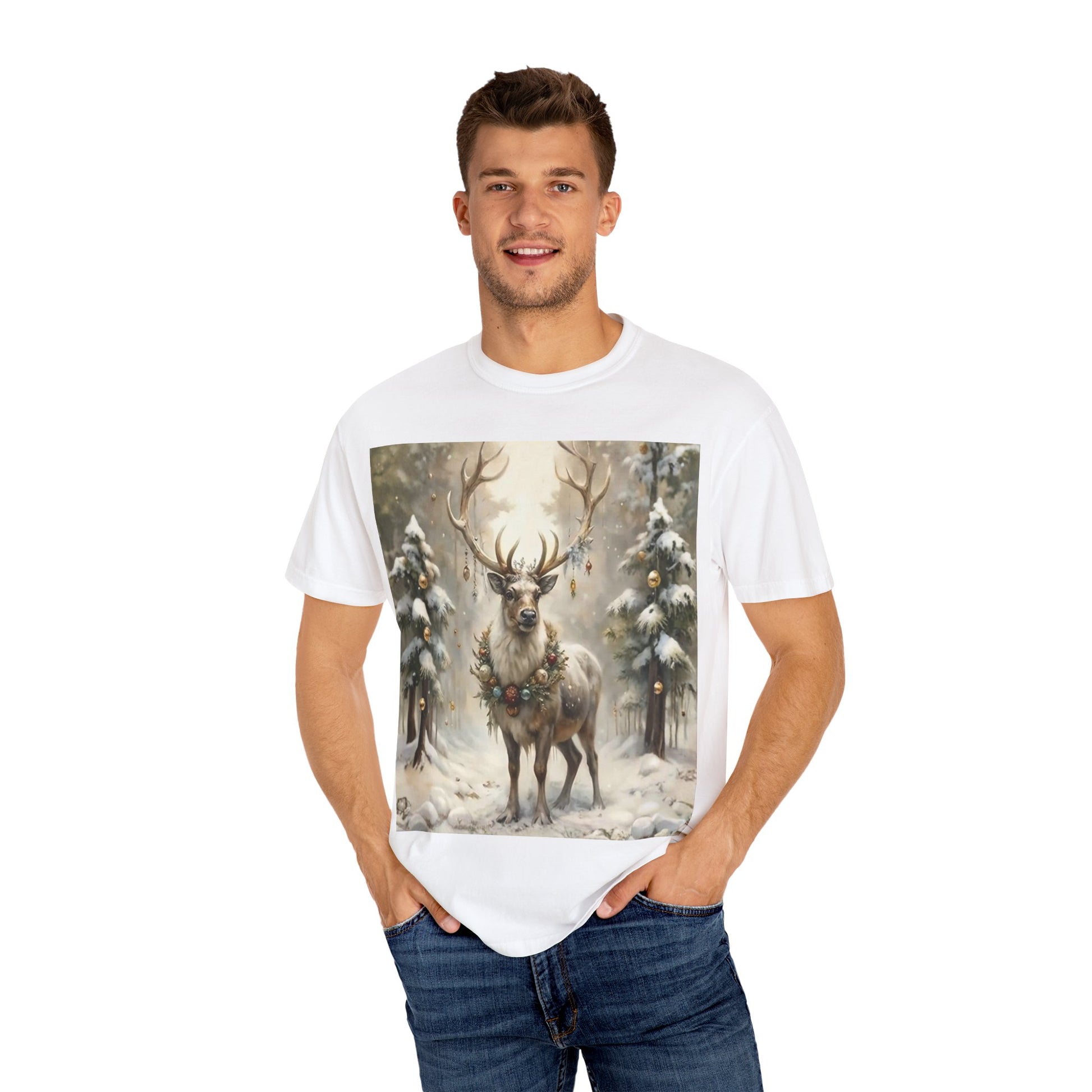 Whispers of Winter – Reindeer Wreath T-Shirt | Elegant Holiday Apparel by Paper Pleasures
