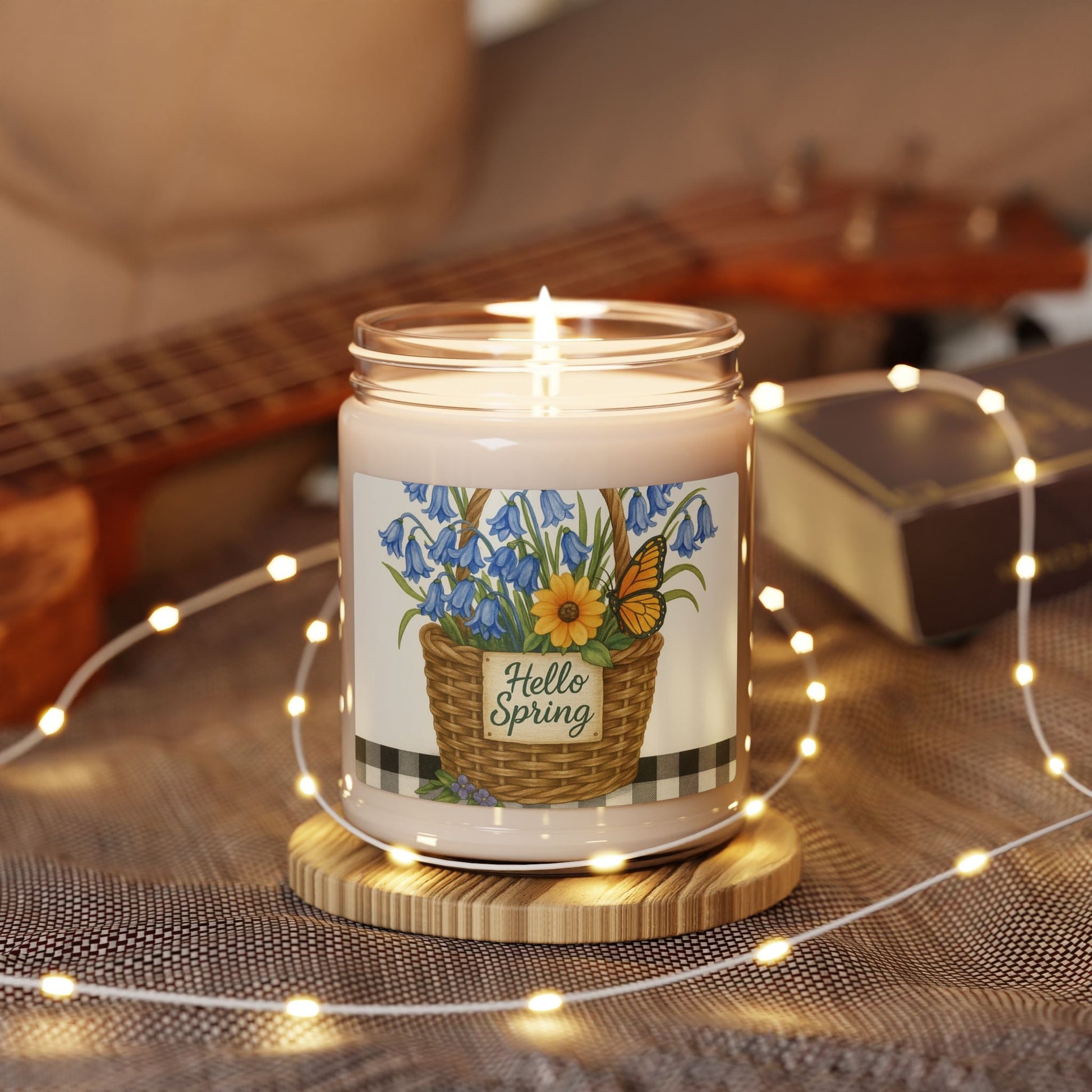 Hello Spring Floral Basket Soy Candle with Butterfly Art