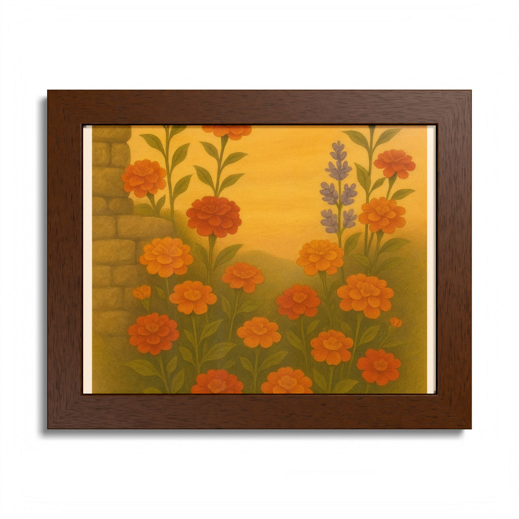 Golden Marigold Garden Framed Sunset Floral Wall Decor