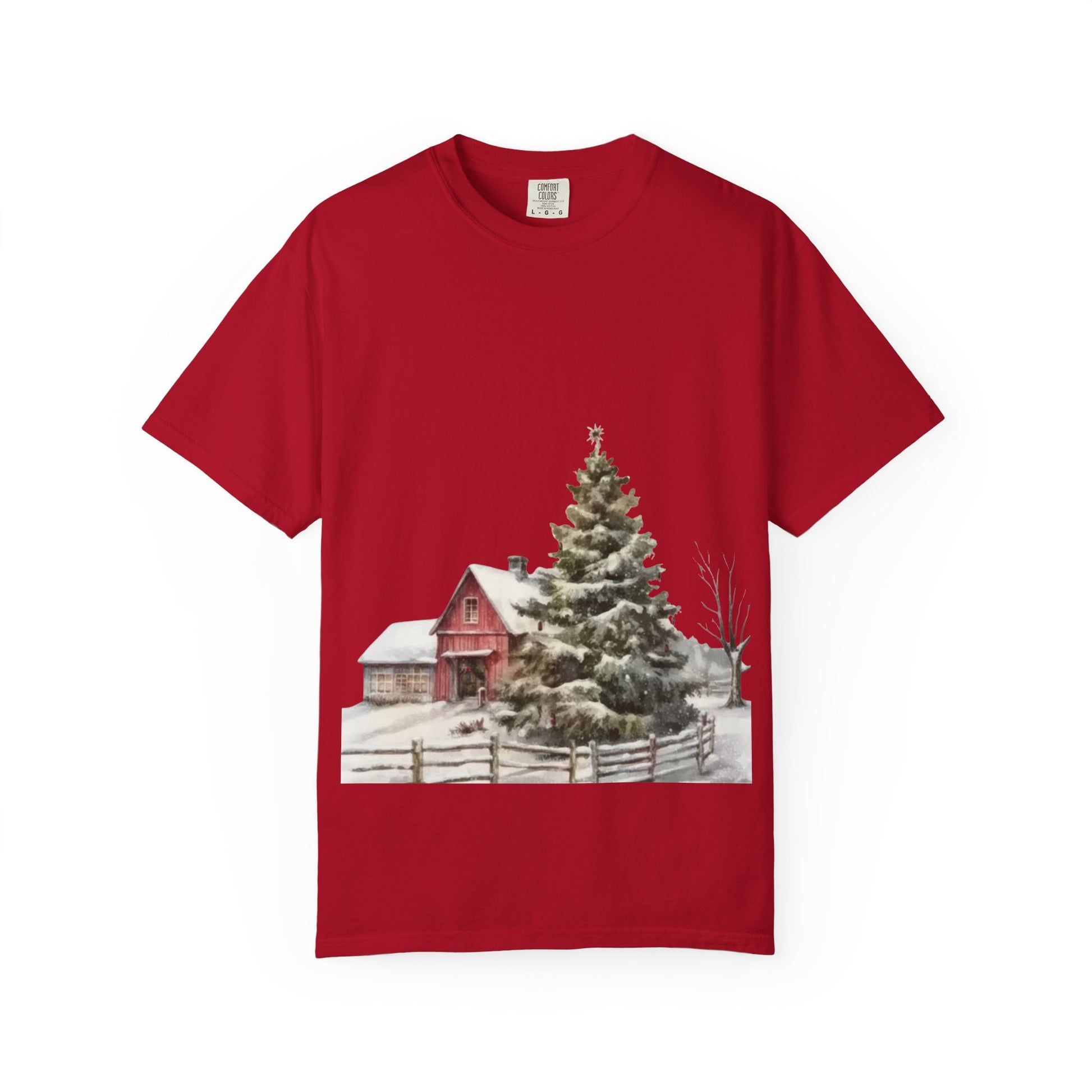 Whispers of Winter – Christmas Barn T-Shirt SHORT SLEEVE | Rustic Holiday Scene by Paper Pleasures