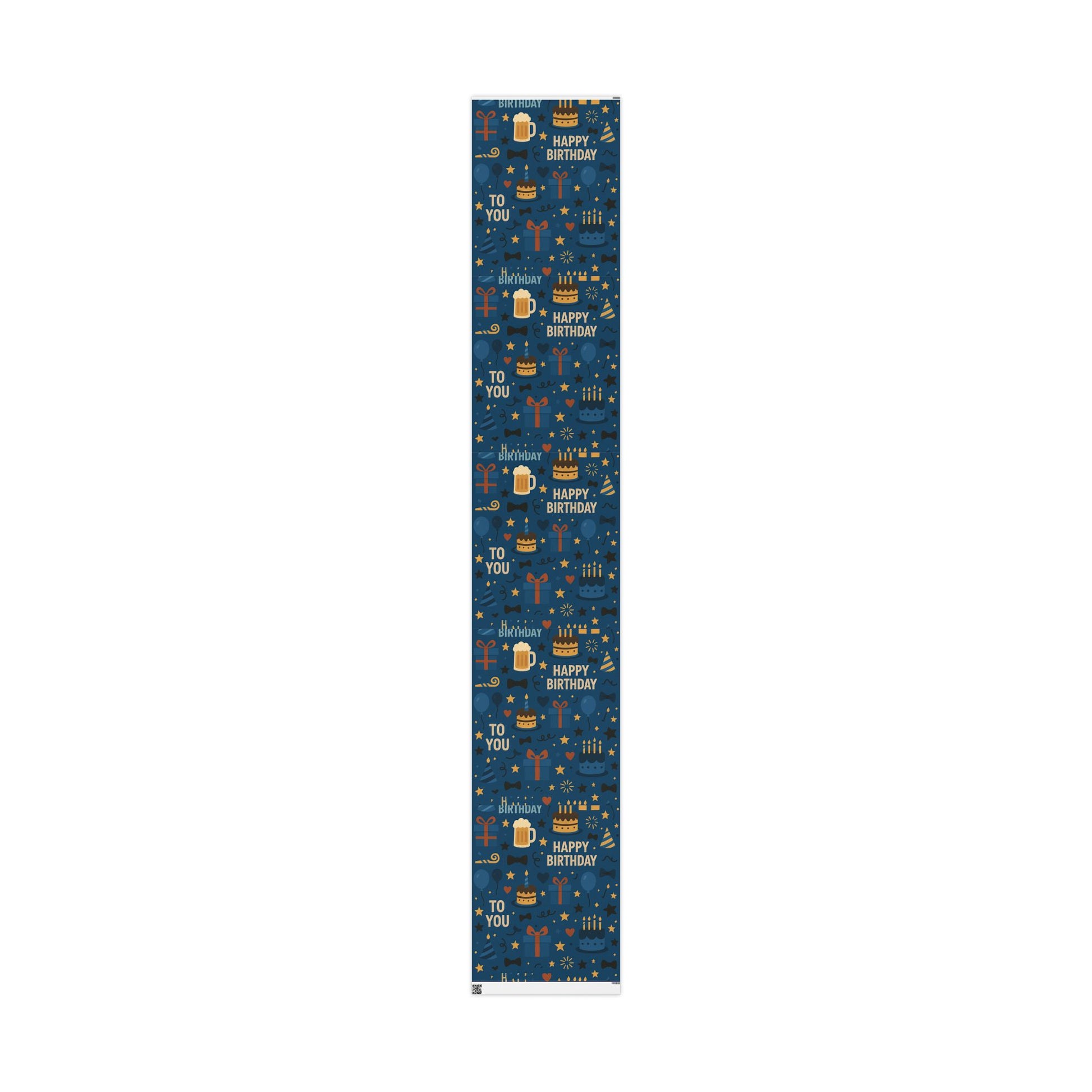 Happy Birthday Wrapping Paper – Navy Blue with Cakes, Gifts & Party Icons