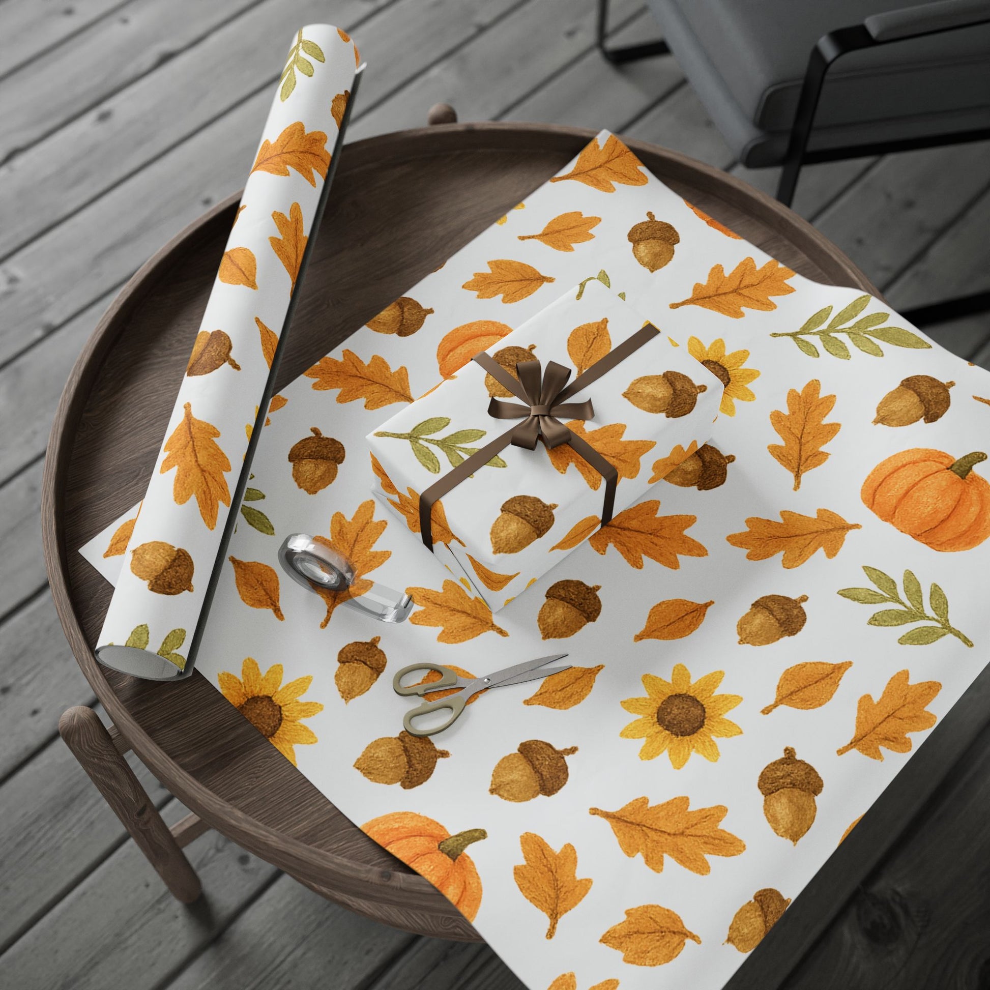 Autumn Harvest Wrapping Paper – Pumpkins, Sunflowers & Oak Leaves Design for Thanksgiving Gifts