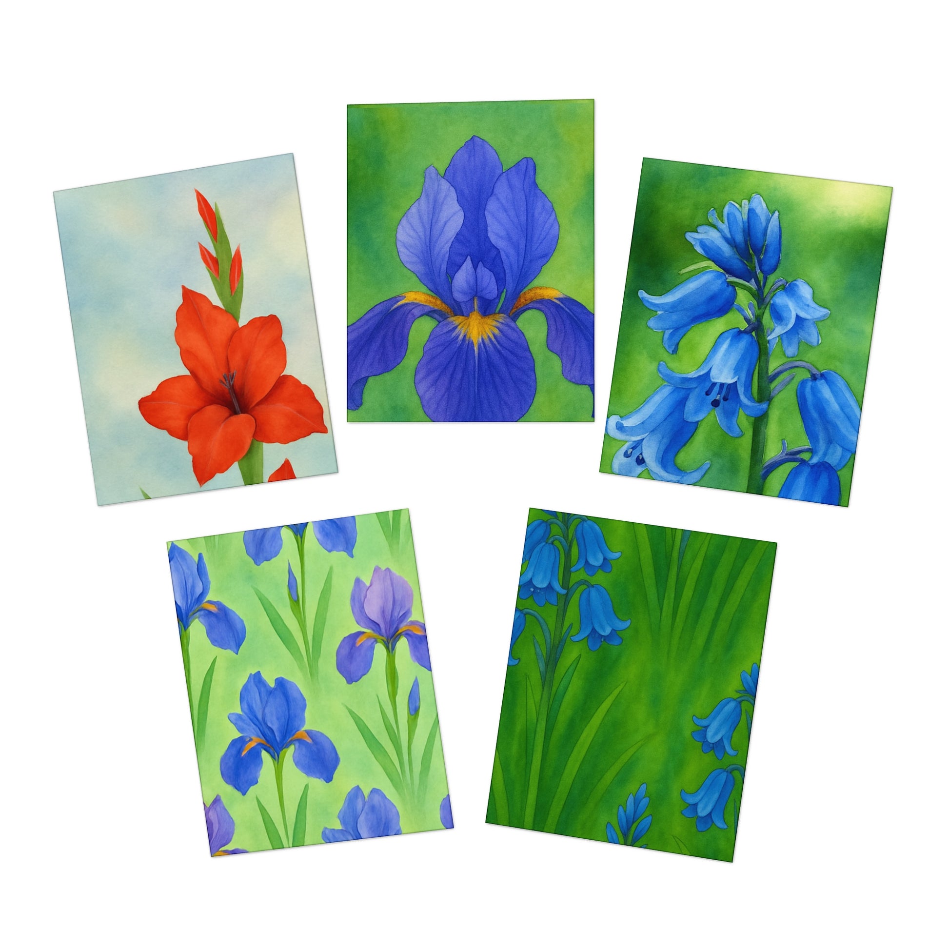 Watercolor Iris, Gladiolus & Bluebell Note Card Set – Botanical Art for Any Occasion
