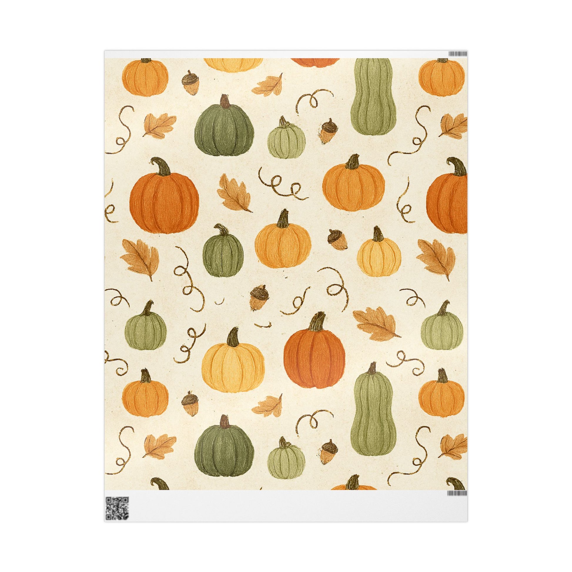 Patterned paper with pumpkins, leaves, and acorns on a beige background