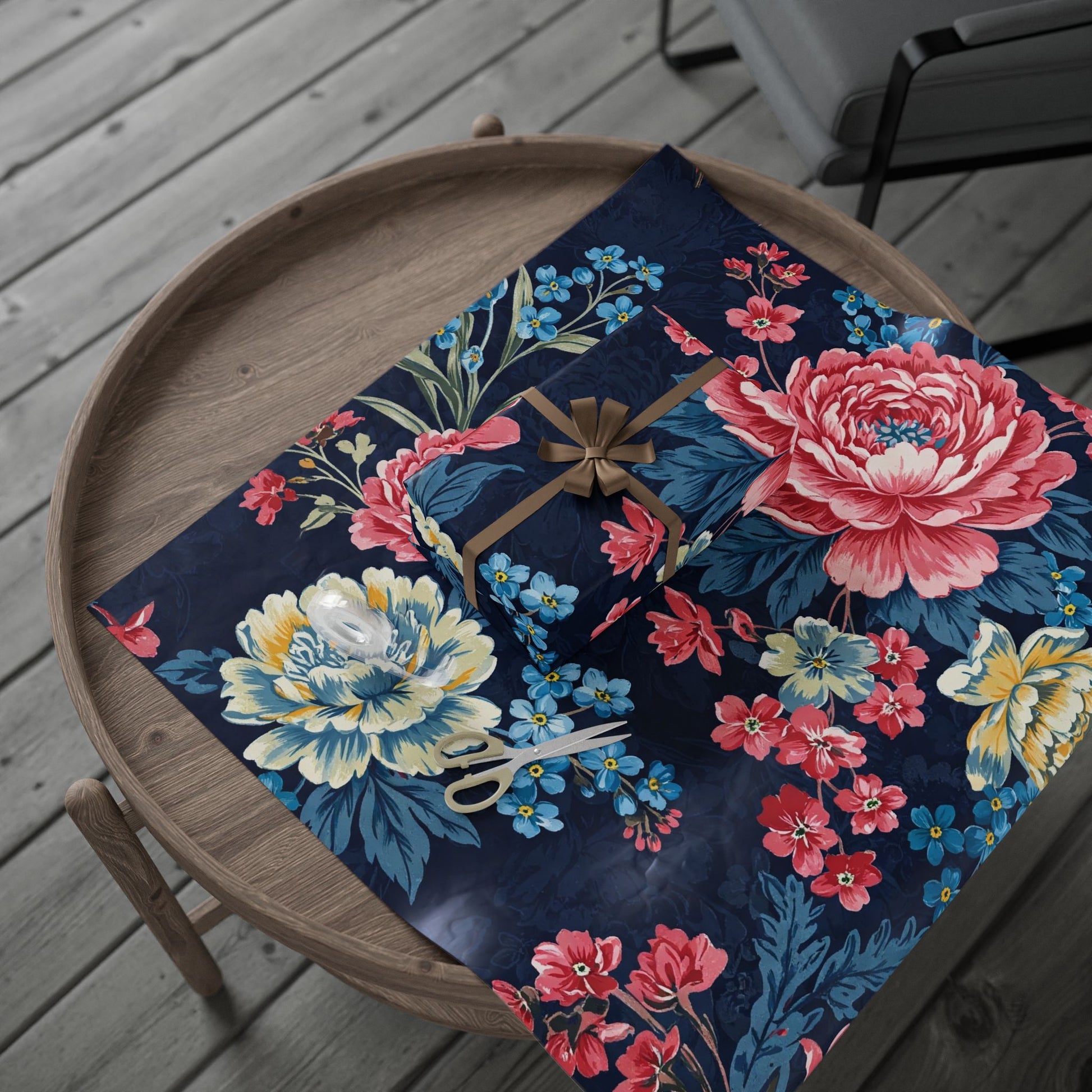 Bold Floral Wrapping Paper with Peonies on Navy Background