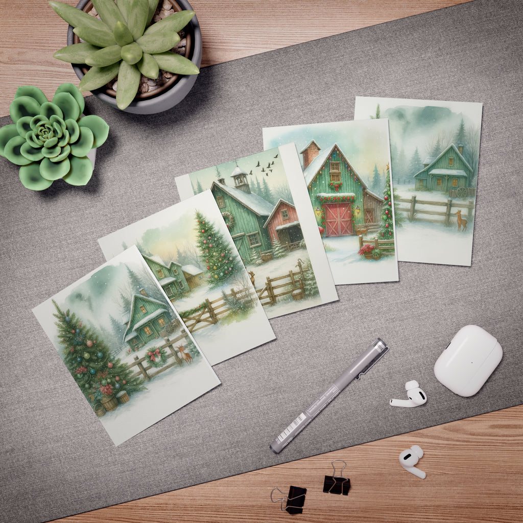 Green Farmhouse Winter Greeting Card – Peaceful Snowy Cabin Scene – Illustrated by Yvonne van der Kamp-Dulkis