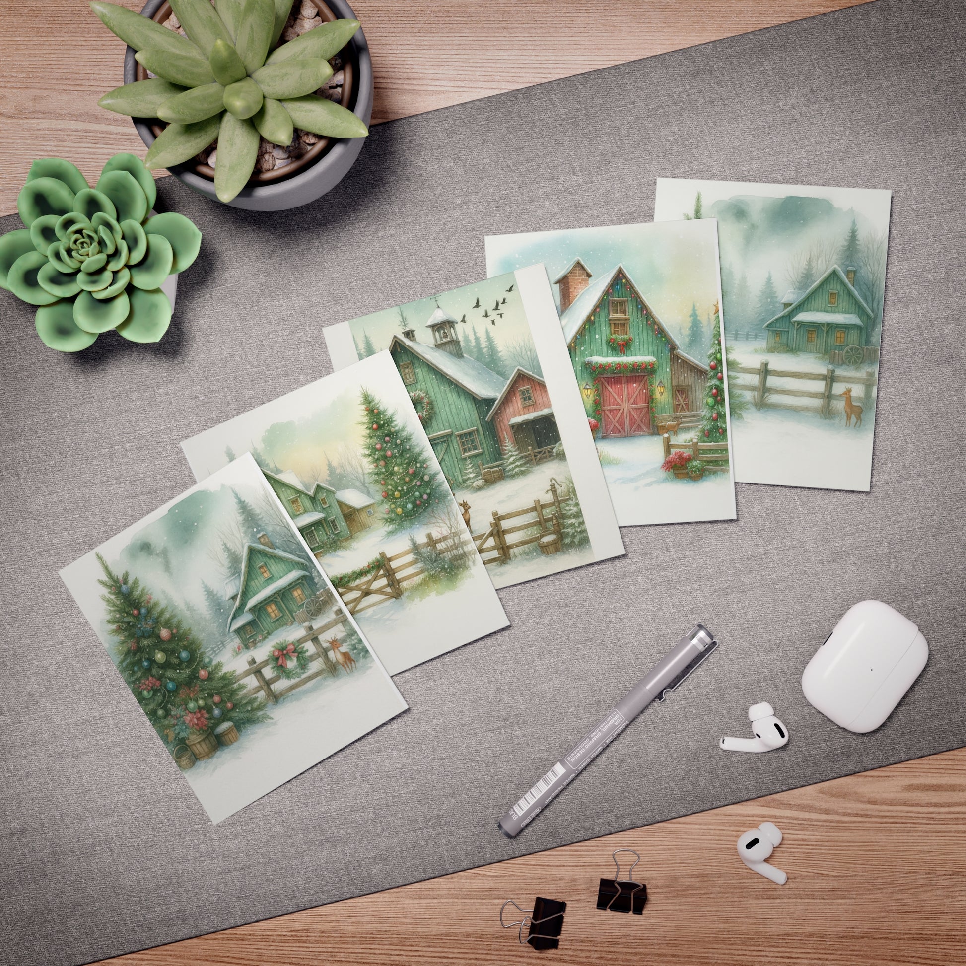 Green Farmhouse Winter Greeting Card – Peaceful Snowy Cabin Scene – Illustrated by Yvonne van der Kamp-Dulkis