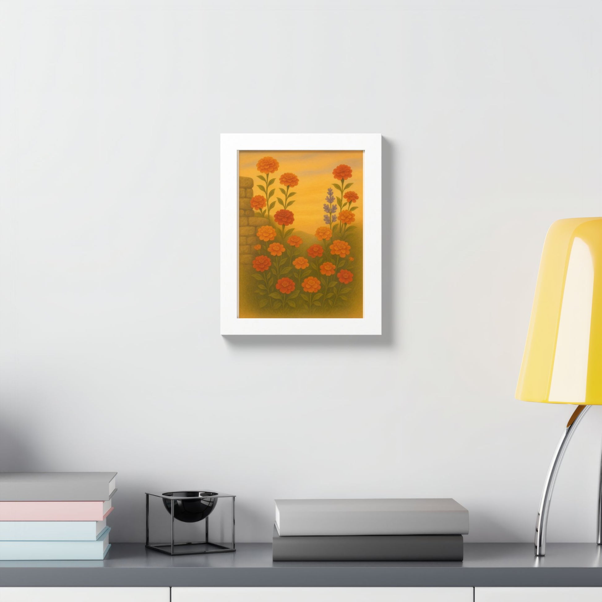 Golden Marigold Garden Framed Sunset Floral Wall Decor