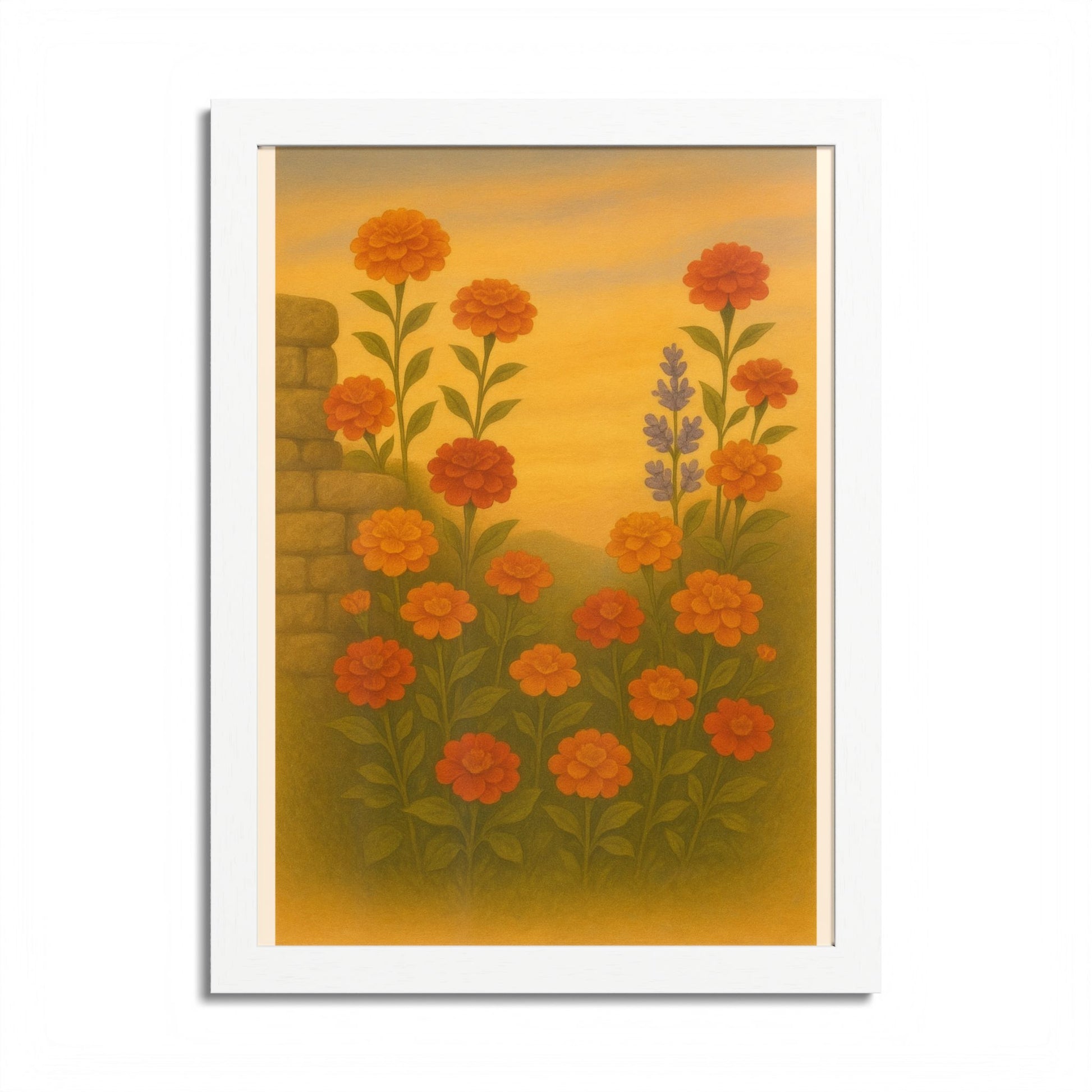 Golden Marigold Garden Framed Sunset Floral Wall Decor