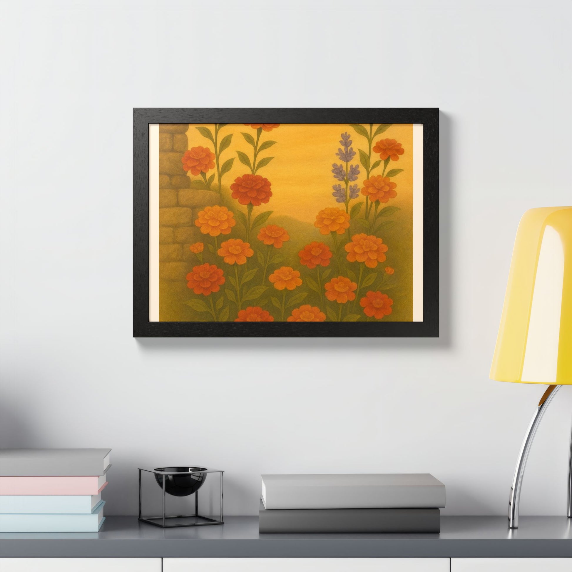 Golden Marigold Garden Framed Sunset Floral Wall Decor
