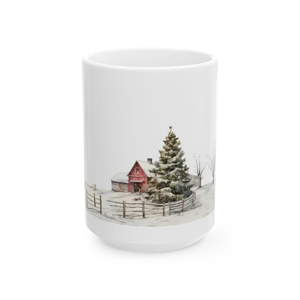 Whispers of Winter – Christmas Barn Mug | Rustic Holiday Drinkware by Paper Pleasures - Winter Barn Scene Ceramic Mug