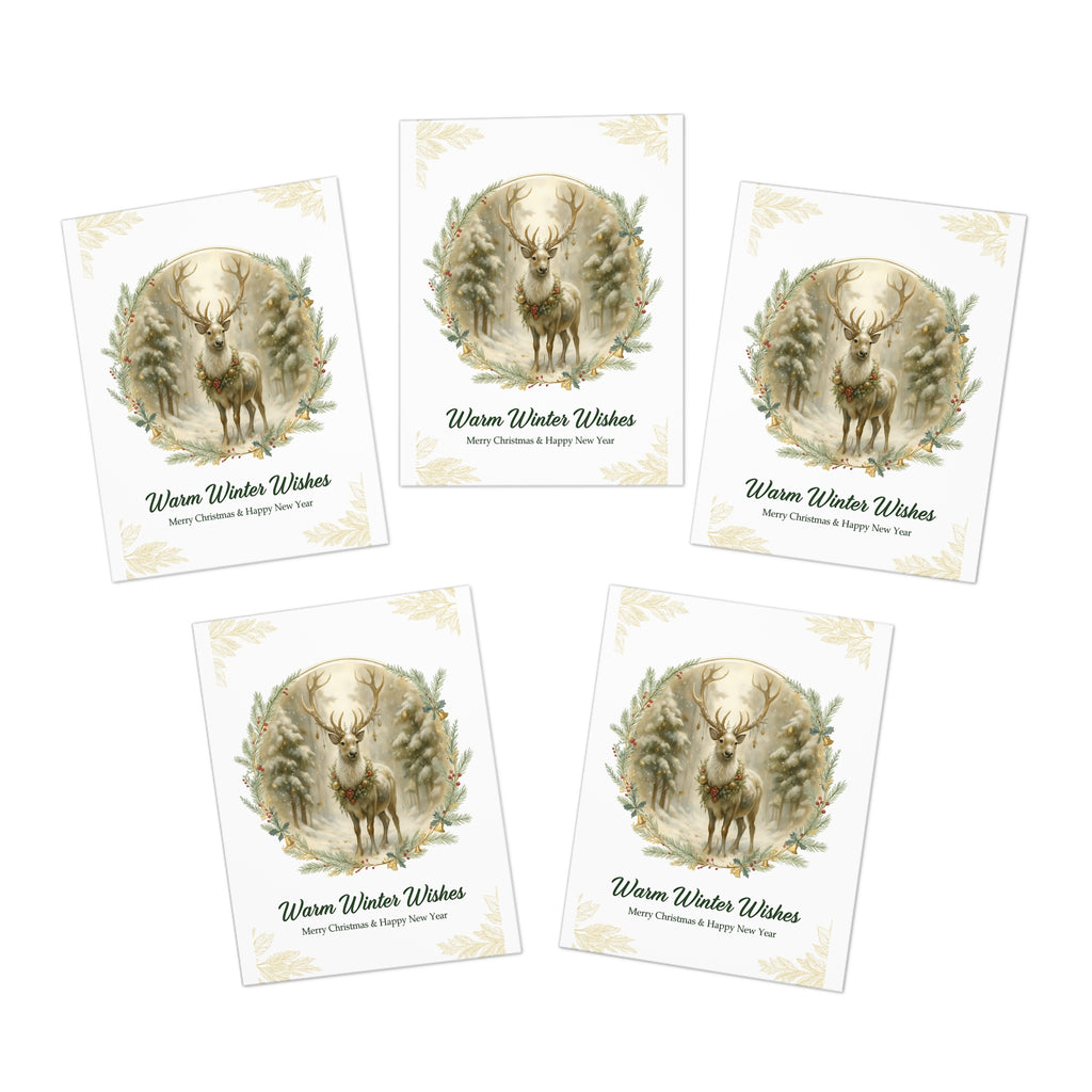 Five 'Warm Winter Wishes' cards with deer illustrations on a white background