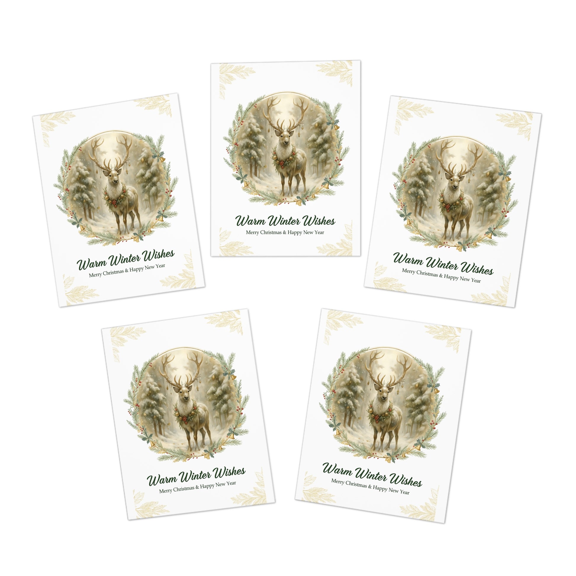 Five 'Warm Winter Wishes' cards with deer illustrations on a white background