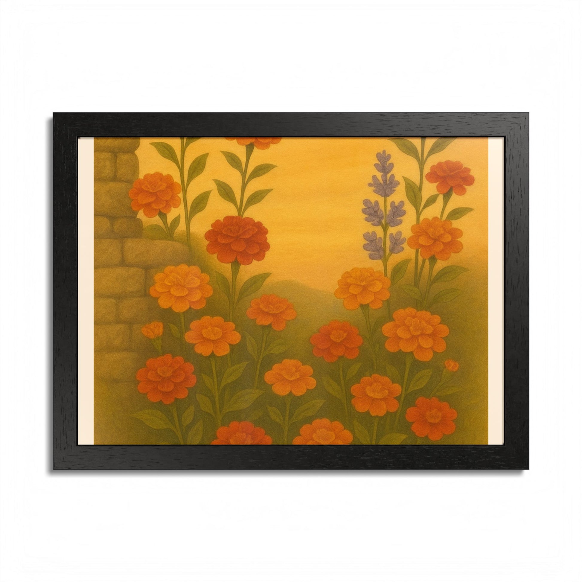 Golden Marigold Garden Framed Sunset Floral Wall Decor